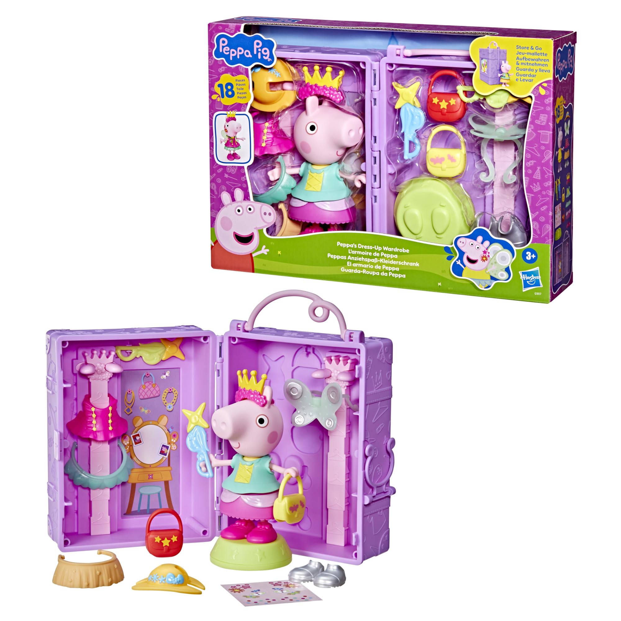 Peppa Pig Hasbro, Guardaroba di Peppa, Set di Giocattoli per Bambini e Bambine dai 3 Anni in Su, Ottima Idea Regalo, Include Action Figure di Peppa, 14 Accessori e Sticker