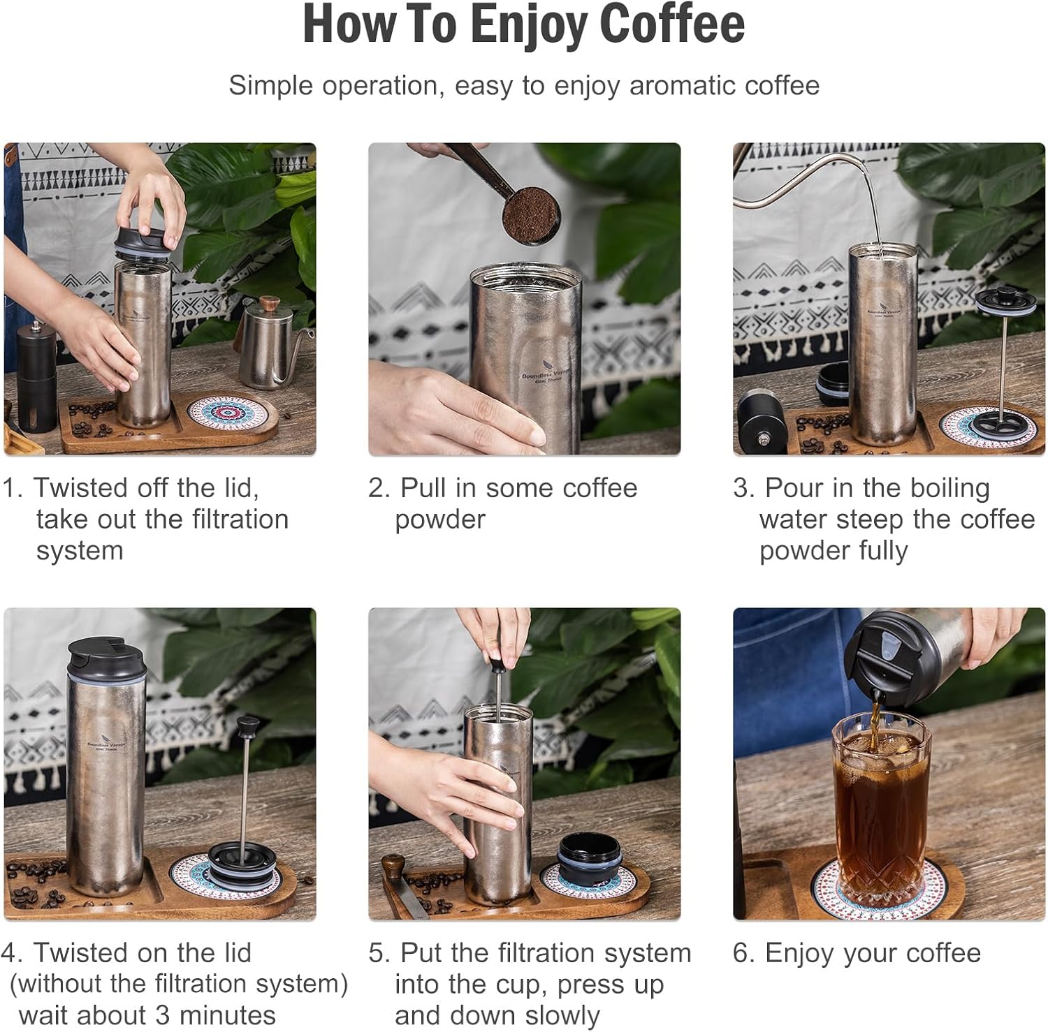 iBasingo 450ml Titanium French Press Coffee Flask Double-Walled Insulated Vacuum Cup Portable Water Bottle Outdoor Traveling Car Mug with Lid Ti3255D