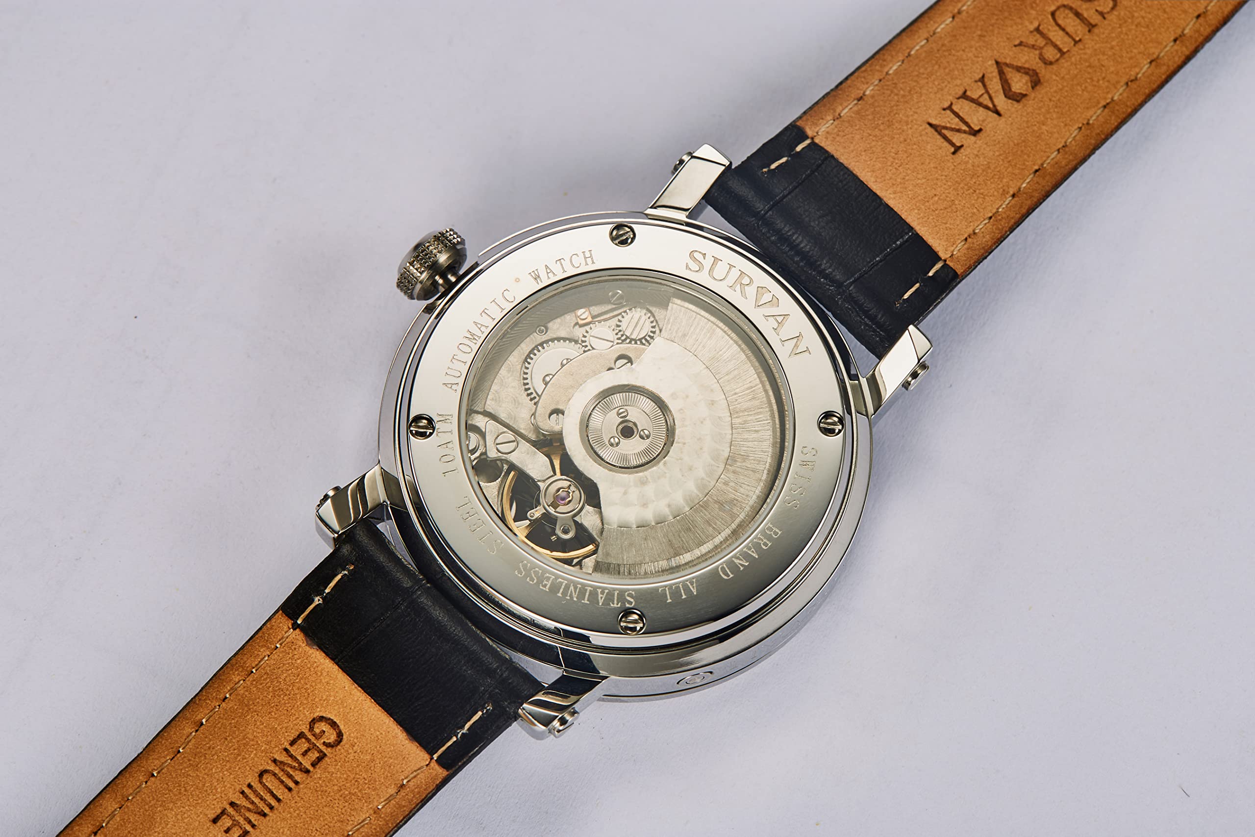 Reloj mecánico automático de Esqueleto con Espejo de Cristal de Zafiro para Hombres con Caja de Acero Inoxidable chapada en Oro de 18 Quilates con Correa de Cuero Genuino