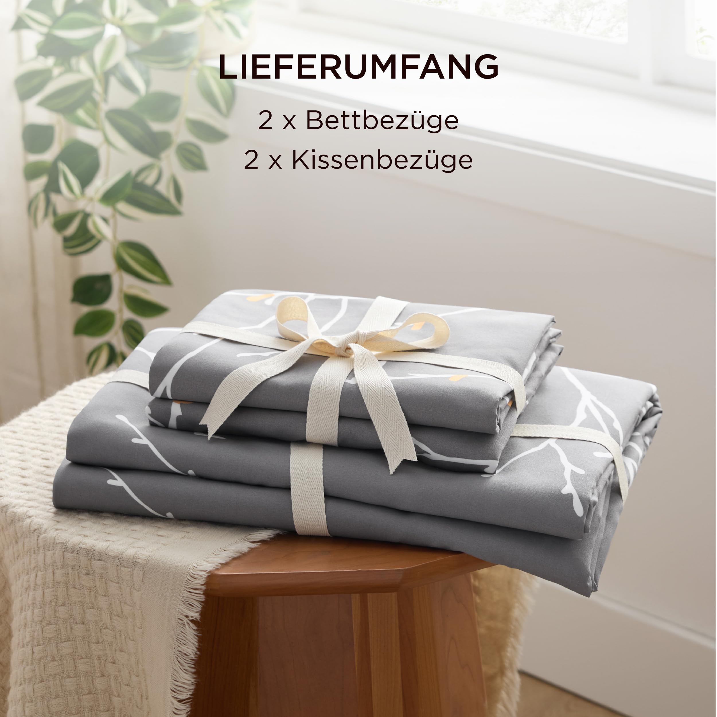 BEDSURE Bettwäsche 135x200 4teilig Bettbezug - Bettwäsche-Sets 135 x 200 cm 2er Set mit 2 Kissenbezüge 80x80cm, ÖKO-TEX Wendebettwäsche Bedding Zweige Grau Muster mit Reißverschluss