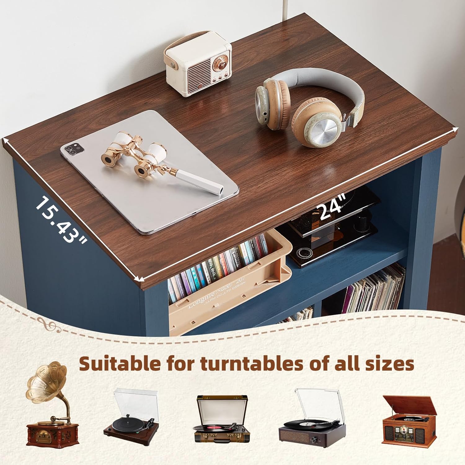 Joaxswe Record Player Stand with Vinyl Record Storage, 24" Wide Mid-Century Record Player Table Up to 200 Albums,Large Wood Turntable Stand Cabinet Dispaly Shelf for Living Room,Bedroom,Blue