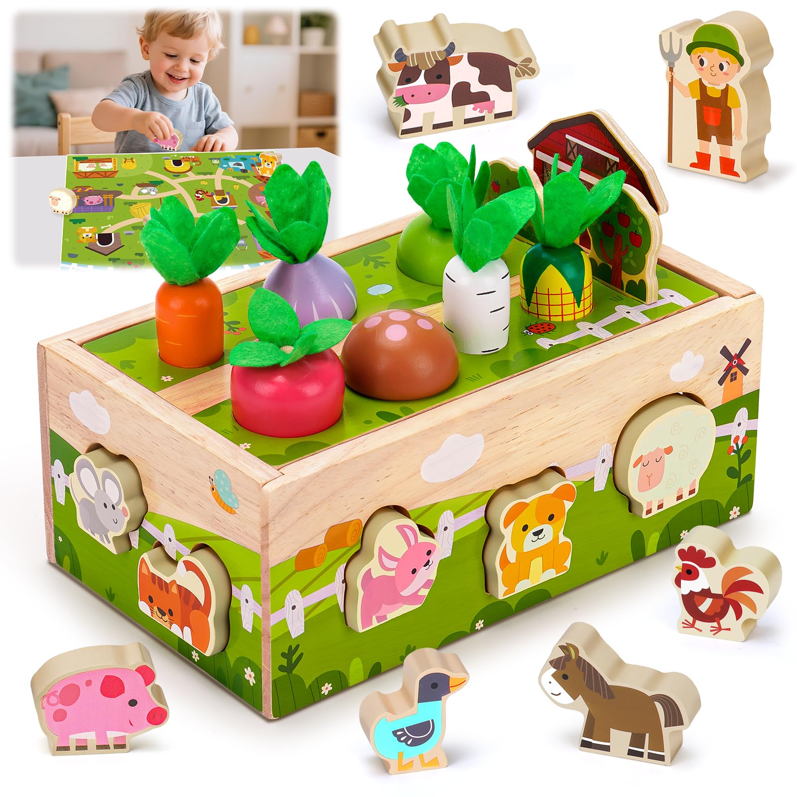 Celecstan Montessori Spielzeug ab 1-3 Jahr, Holz Kinderspielzeug mit Motorik & Steckspiel, Farmspiel Karotten Lernspielzeug Geschenk für Jungen Mädchen ab 12-18 Monate
