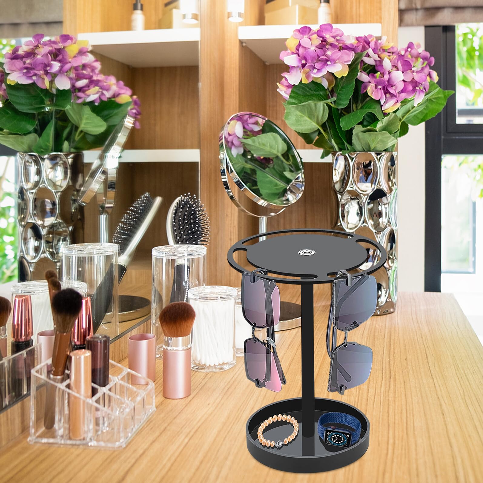 Cabilock Drehbarer Acryl Sonnenbrillenhalter mit Stabilem Sockel Kompakter Brillenorganizer für Schreibtisch Schwarzer Brillenständer zur Aufbewahrung und Präsentation