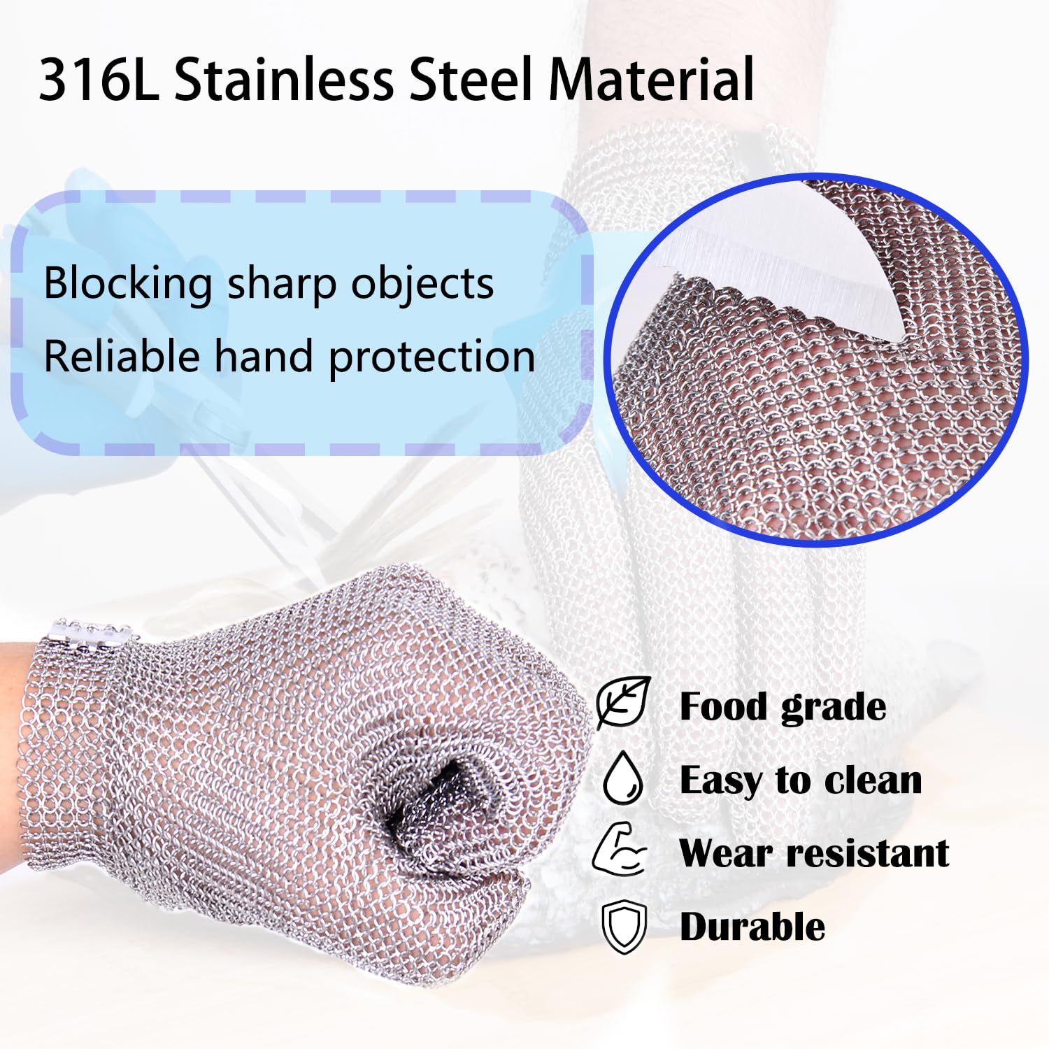Guantes resistentes a los cortes de malla metálica de acero inoxidable de grado alimenticio para carnicero, corte de carne, pescado, fileteo, ostras, corte de ropa y procesamiento de cuero (mediano