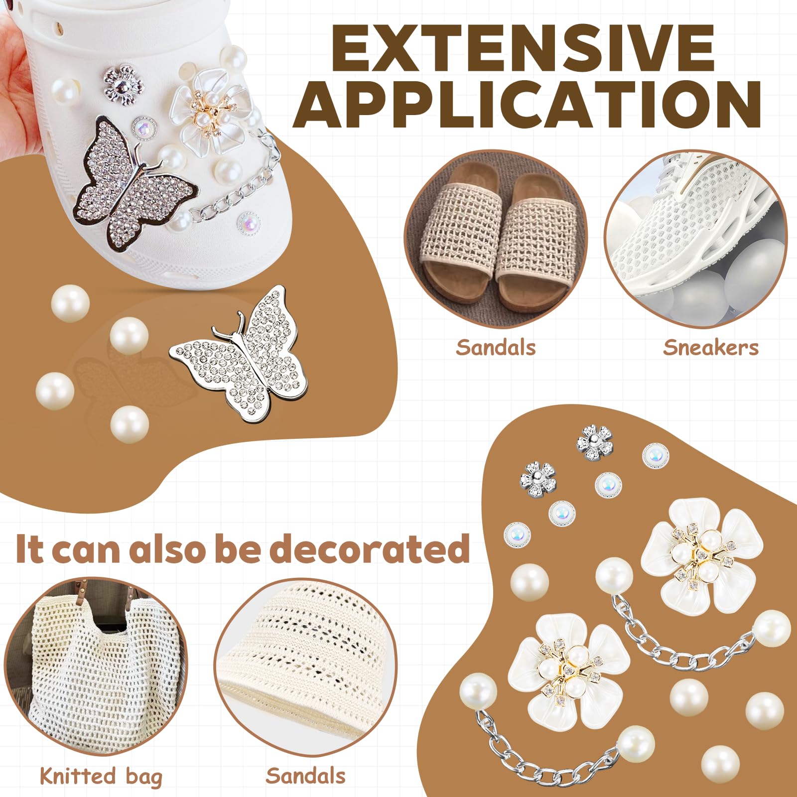 20 sztuk Crocs Ornamenty, Charms Crocs z perłowymi łańcuchami, Pin Crocs Motyle Deco, Kwiaty Croc Pin, Zdejmowane DIY Akcesoria Croc dla kobiet Dorosłych