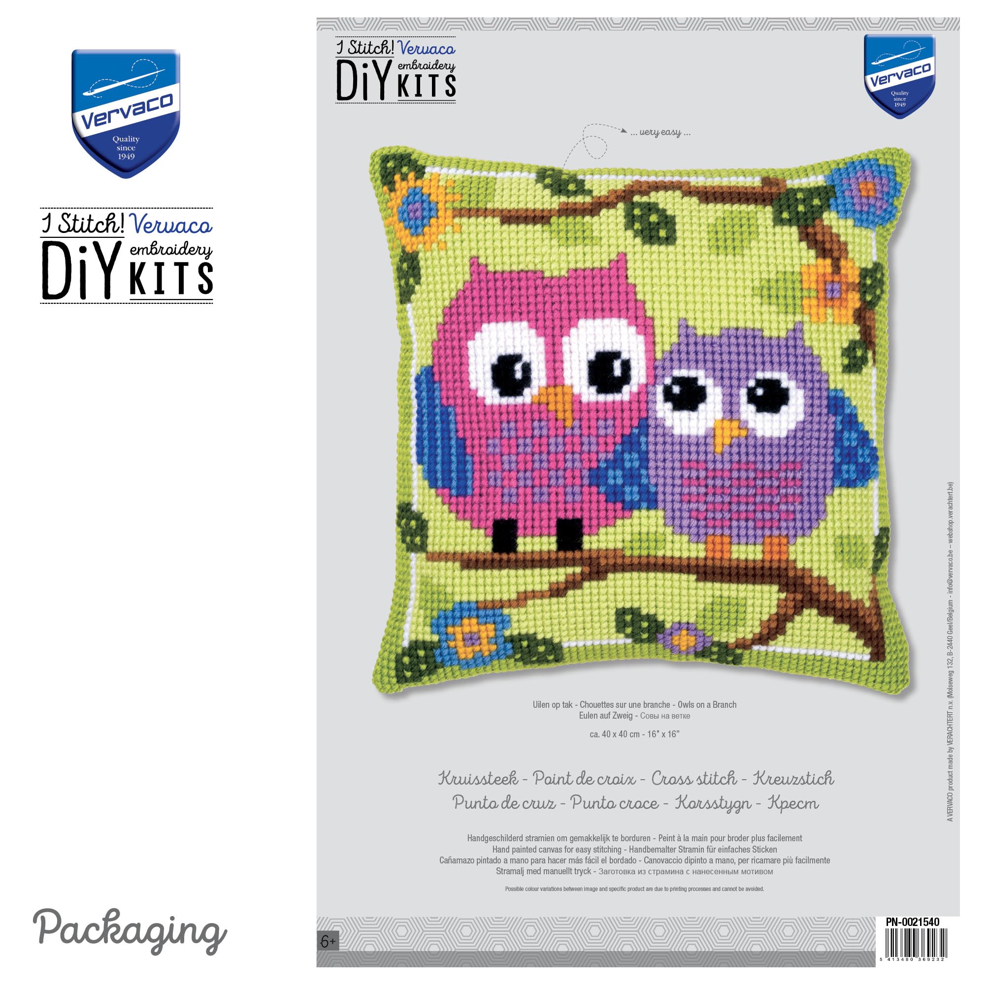 VERVACO Kit Cuscino Punto Croce Gufi su Un Ramo Set Ricamo Principianti Cuscini Gobelin Decorativi ca. 40 x 40 cm Accessori per Lavoretti Creativi DIY Casa Decor Hobby Adulti Cross Stitch