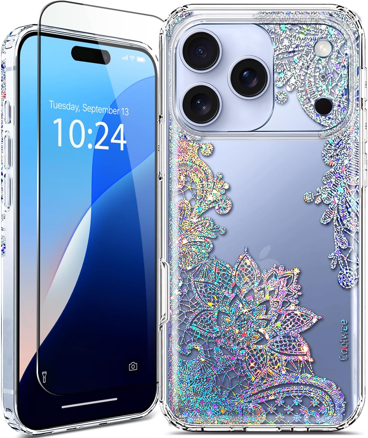 Coolwee Clear Glitter for iPhone 17 Pro Max Case with Screen Protector, Cute Cover for Girls Women, Slim Shockproof 10FT Drop Protection for iPhone 17 ProMax Crystal Lace Bling Mandala Henna