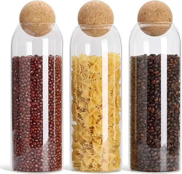 ComSaf Glass Food Storage Canister with Airtight Cork Lid (42oz/1.24L), Clear Food Storage Jar Container with Seal Cork Round Stopper for Kitchen Pantry Serving Tea Coffee Sugar Flour Spices