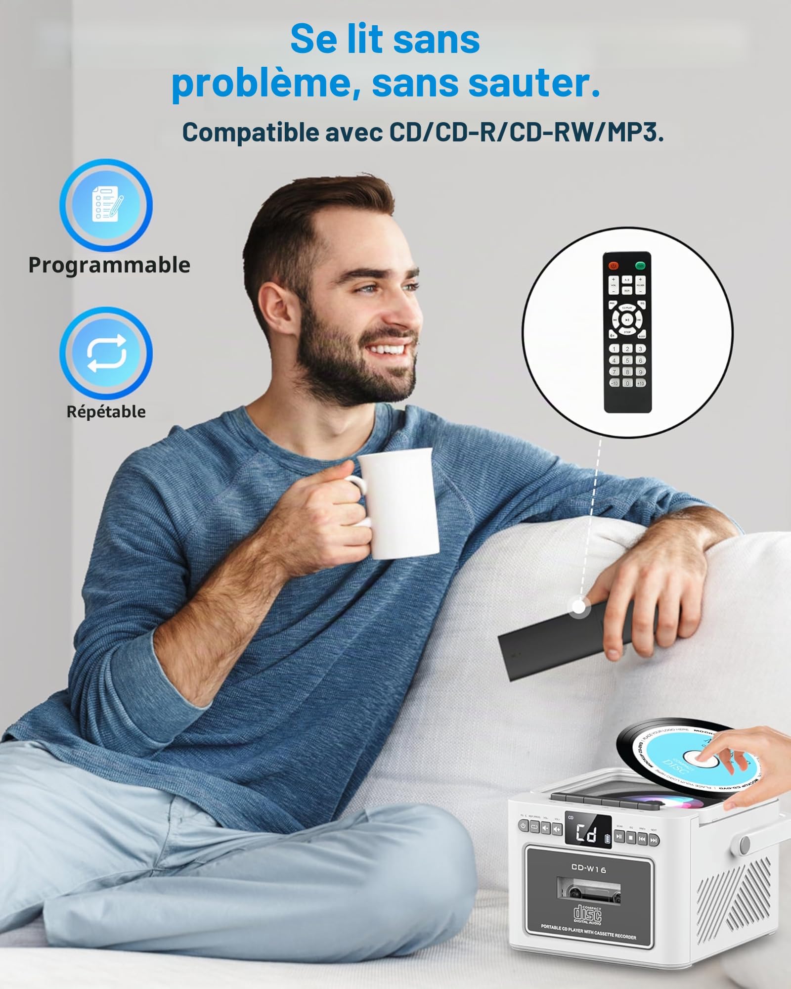 Greadio Lecteur CD Portable, Lecteur Cassette Audio, Bluetooth, Télécommande, Radio FM, AUX/USB/SD Card-in, Batterie Rechargeable 5000mAh, Haut-Parleurs 5W, écran LED (Blanc)