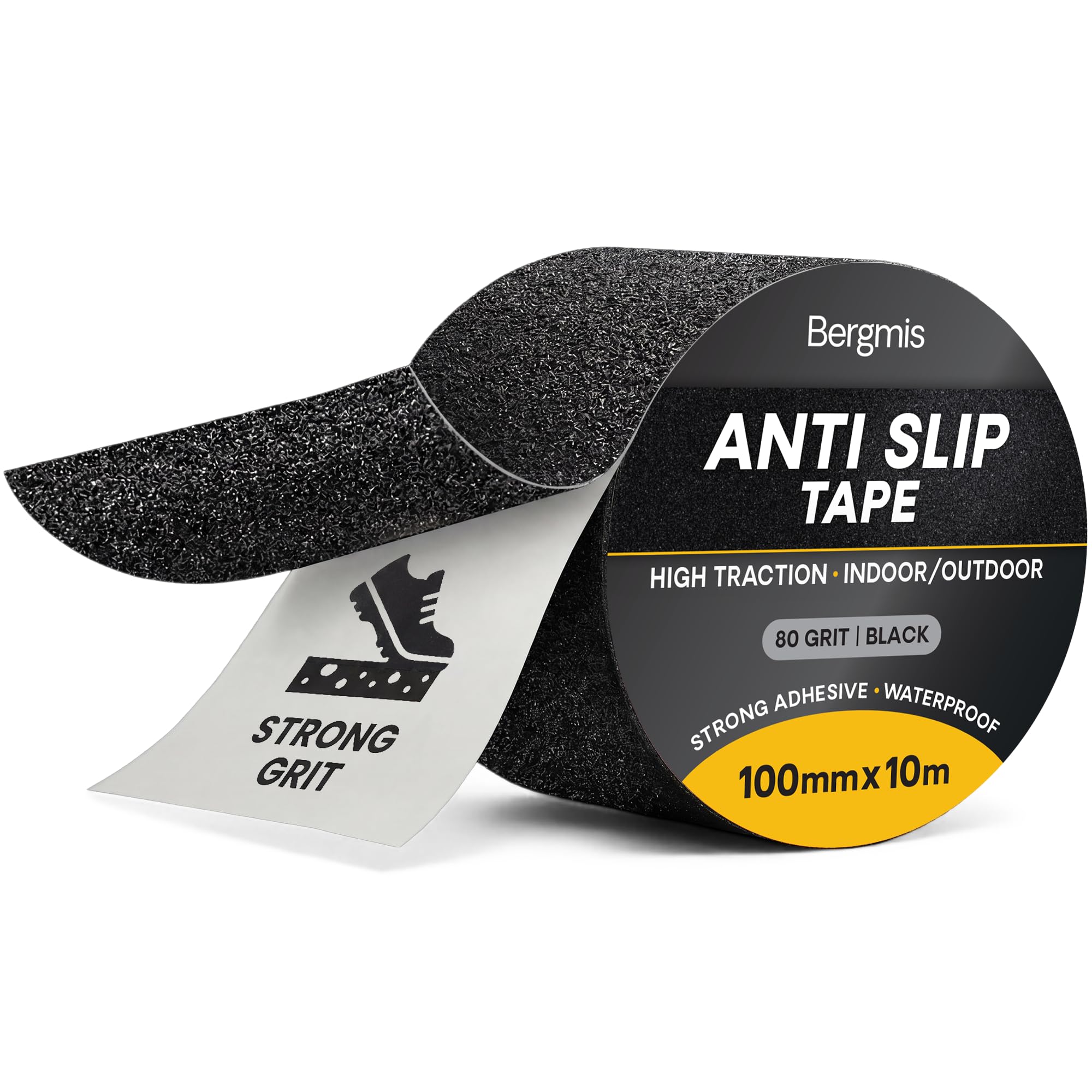Bergmis Anti Slip Tape Black 100mm x 10m Wide Roll 80 Grit - Heavy Duty Outdoor Weatherproof Grip Tape for Stairs Decking Steps - Non Slip Safety Strips - High Traction Skateboard Scooter Gym Ramp