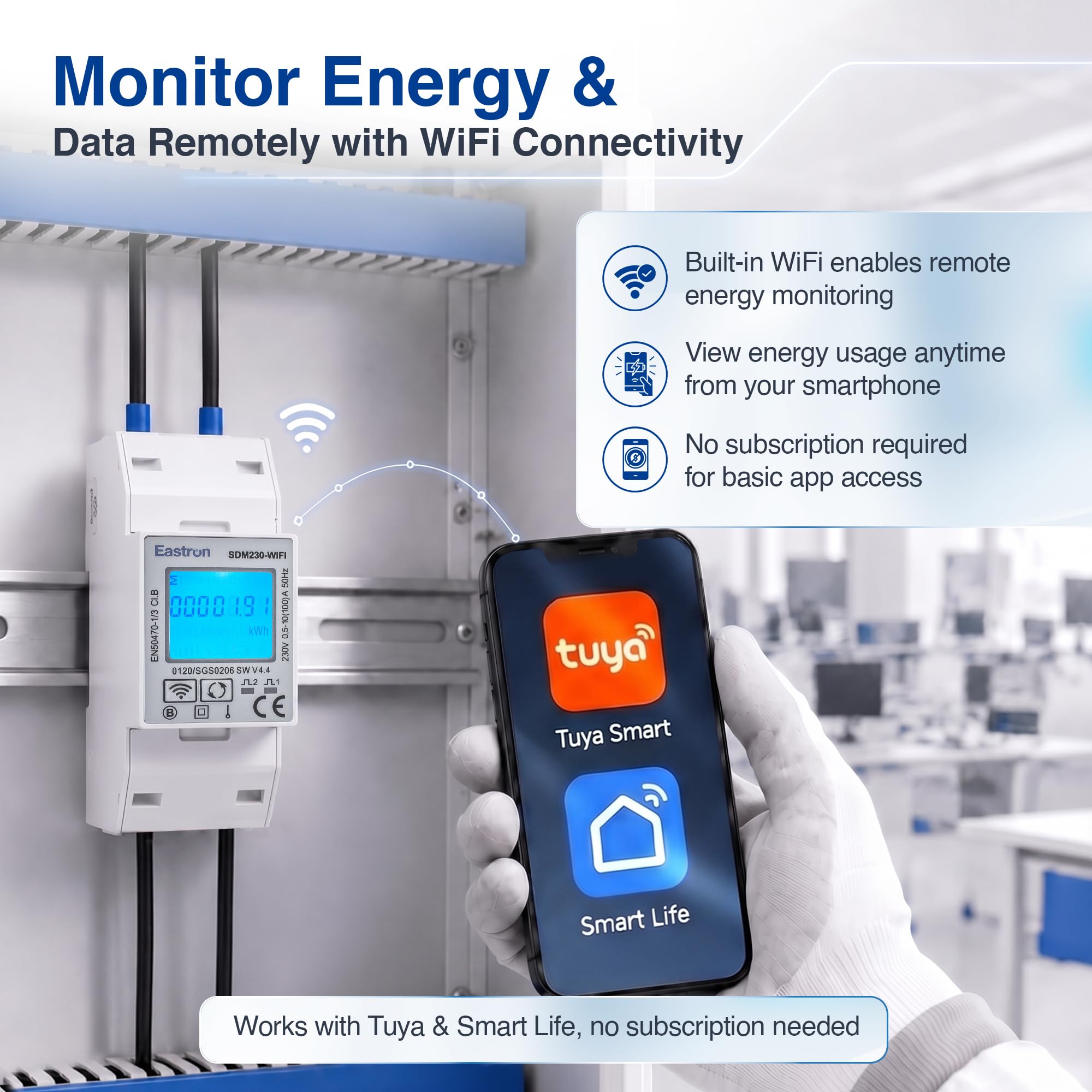 Eastron SDM230-WIFI-MID licznik energii – jednofazowy licznik prądu na szynie DIN 100 A – zdalny odczyt za pomocą aplikacji Tuya & Smart Life, bez opłat abonamentowych, certyfikat MID