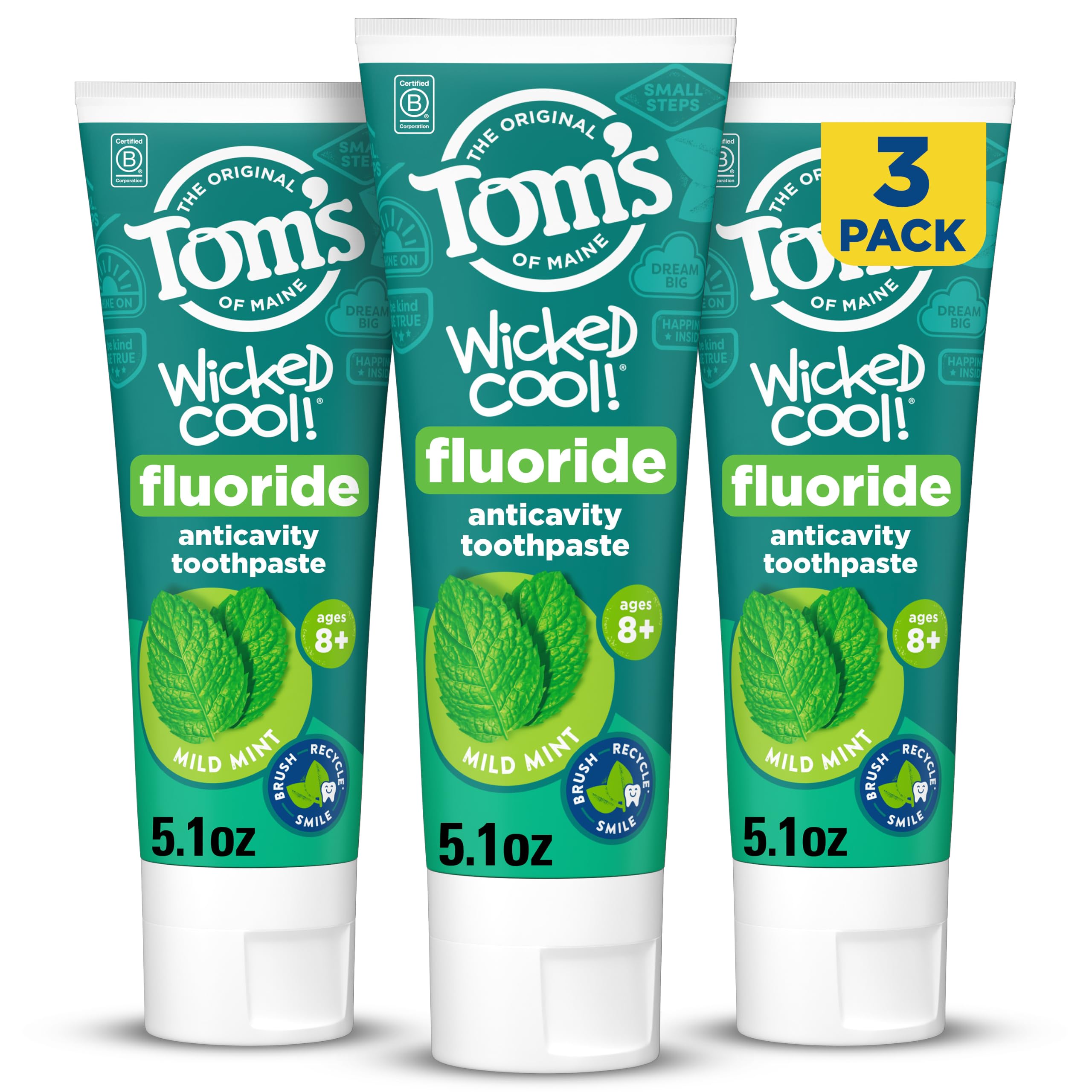 Tom’s of Maine Wicked Cool Kids Fluoride Toothpaste, Mild Mint, 3pk, 5.1 oz