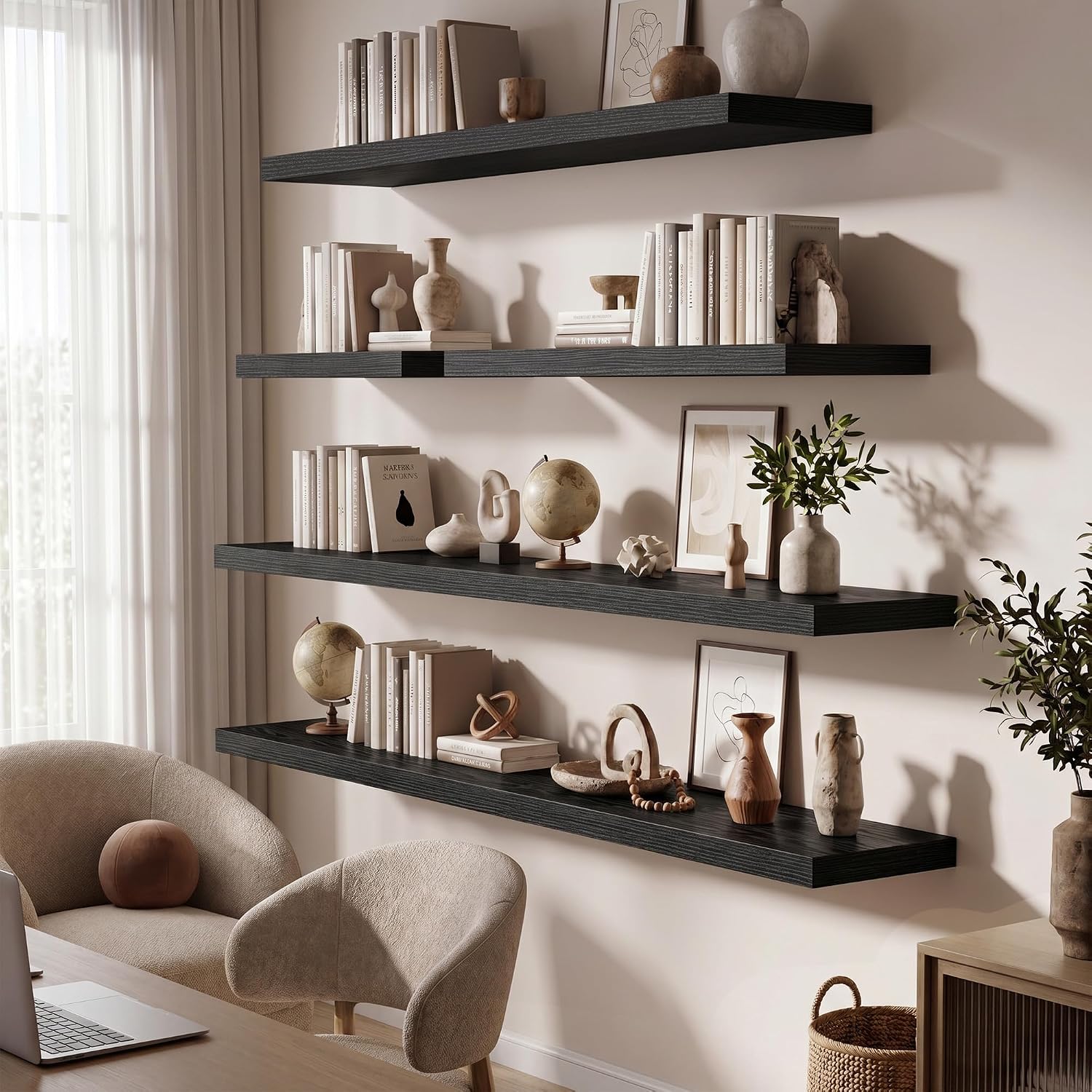Acovy 36 Inch Floating Shelves for Wall Set of 2,12" Deep Floating Shelf Wall Mounted with Invisible Brackets,Rustic Bookshelf Wooden Storage Shelf for Living Room,Kitchen,Bathroom,Black