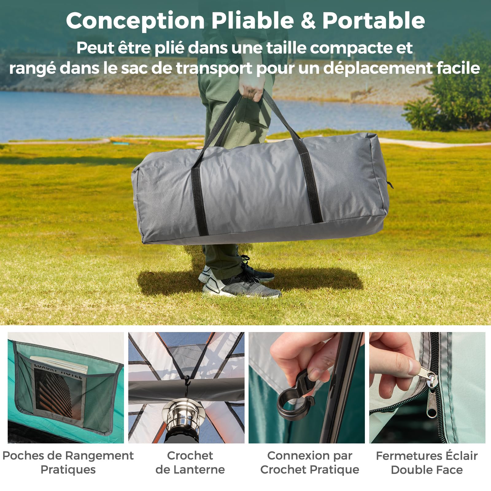 COSTWAY Tente de Camping avec 2 Pièces pour 4-6 Personnes, Tente Familiale Double Couchage Double Toit Imperméable Fenêtres en Maille Coupe-Vent Sac de Transport, pour Fête Randonnée
