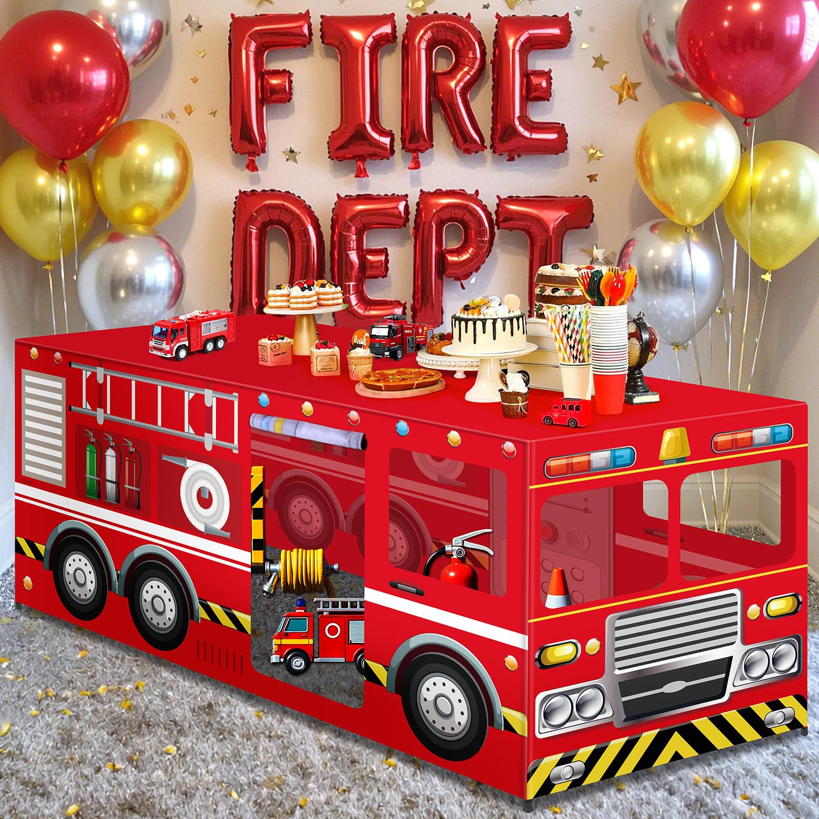 6Ft Firetruck Birthday Party Playhouse Tablecloth Large Fire Truck Table Fort Tent Cover Playhouse Firetruck Firefighter Table Cover Red Polyester Rectangular Tablecloth for Transportation Party Decor