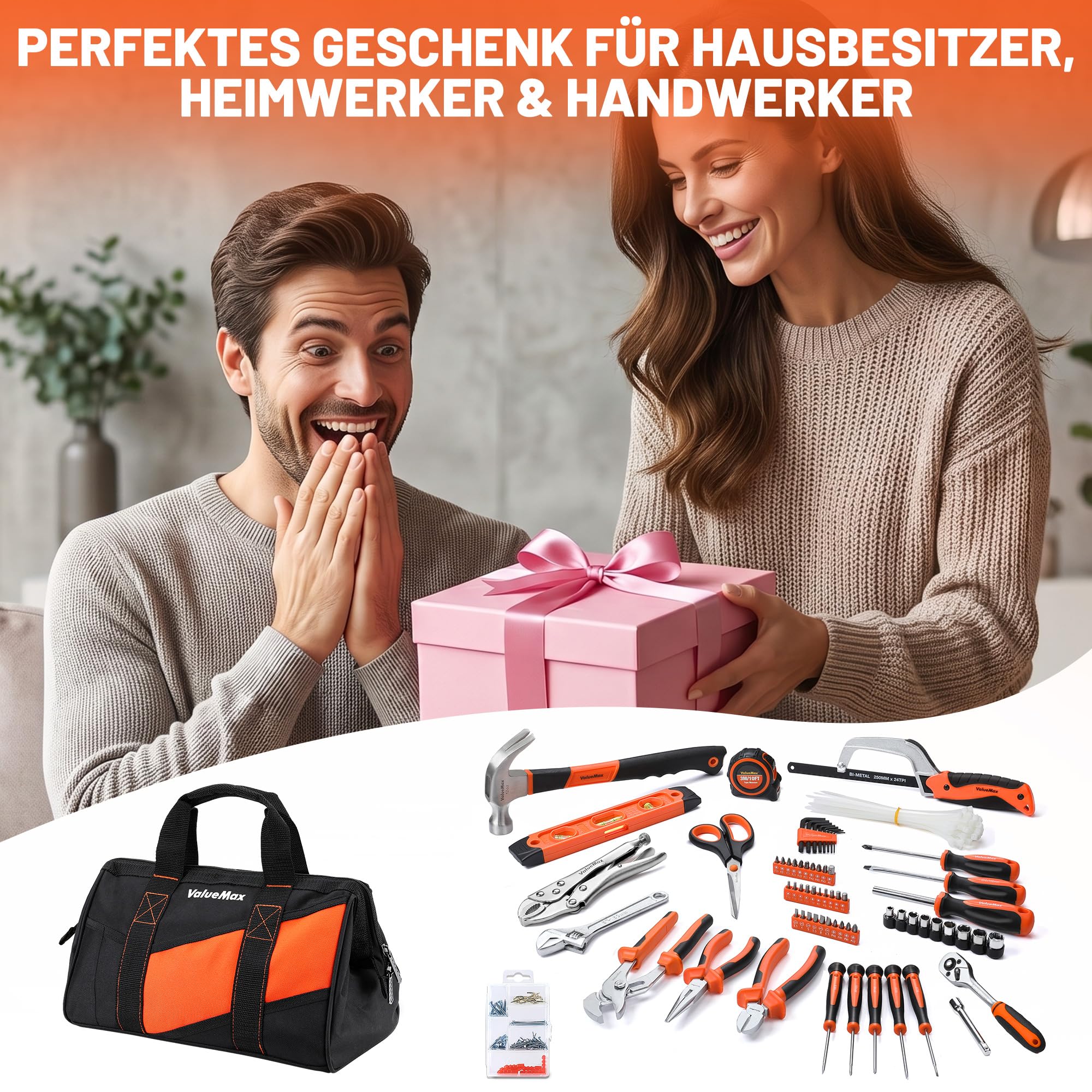ValueMax Werkzeugset 219tlg, Werkzeugtasche bestückt, tägliche Werkzeuge, Werkzeugsatz für Haushalt, DIY, Heimwerker und Mechaniker bei Reparaturen zu Hause oder Profiarbeiten