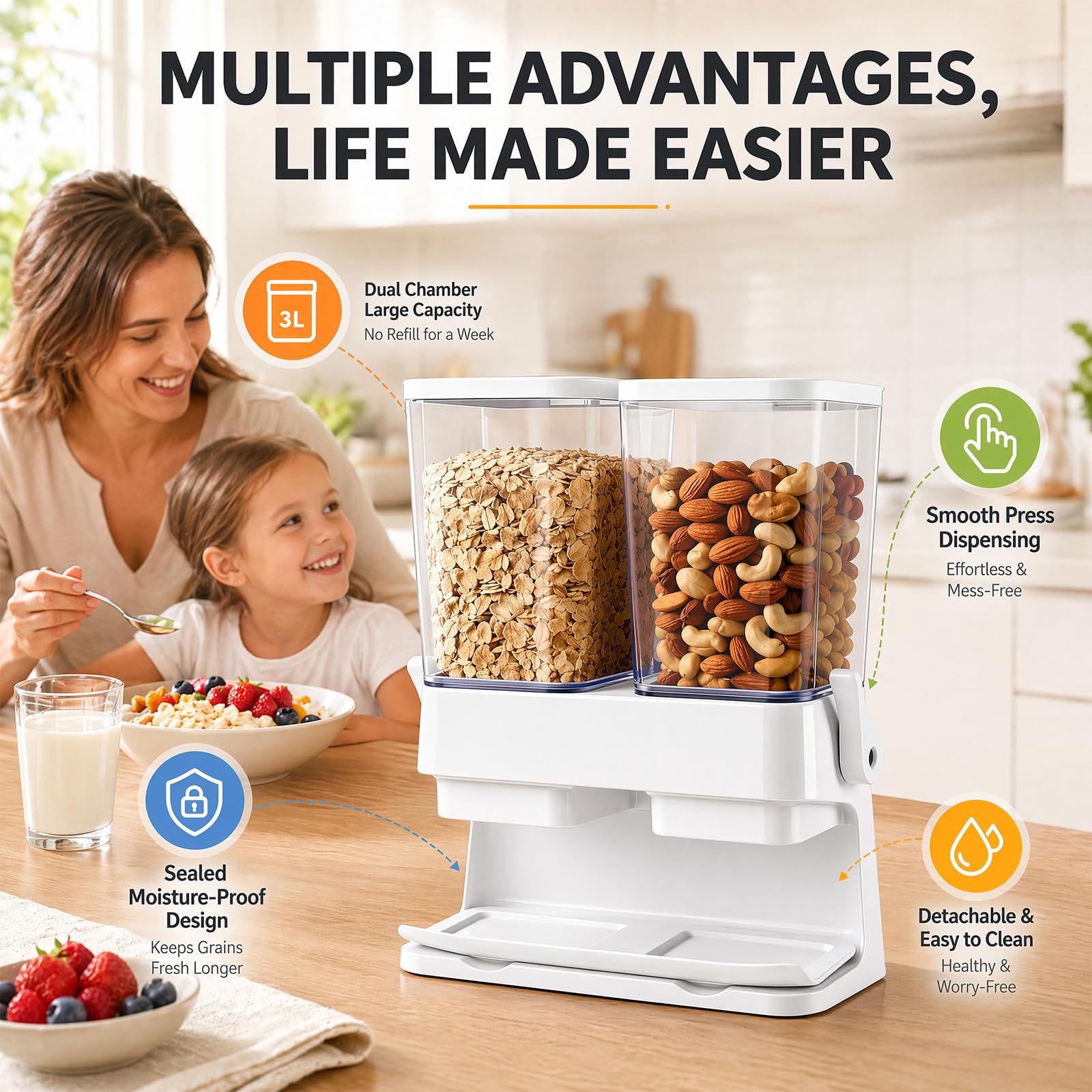 Set di 2 dispenser di cereali, doppio contenitore ermetico da 3 l per cereali, contenitore trasparente per noci, chicchi di caffè e alimenti secchi, contenitore da cucina con grande capacità (bianco)