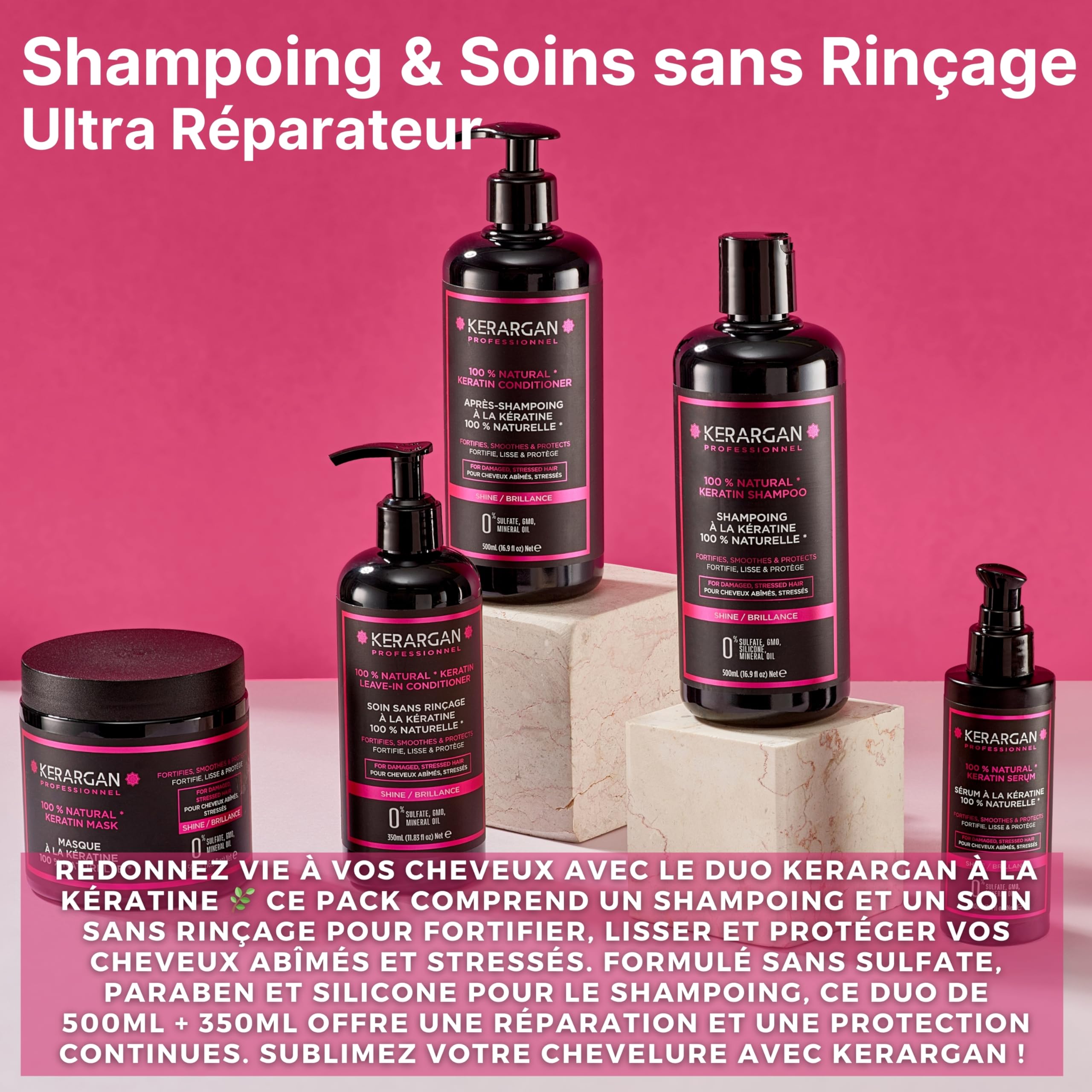 KERARGAN - Duo Kératine Shampoing & Soin Sans Rinçage - 500ml+350ml