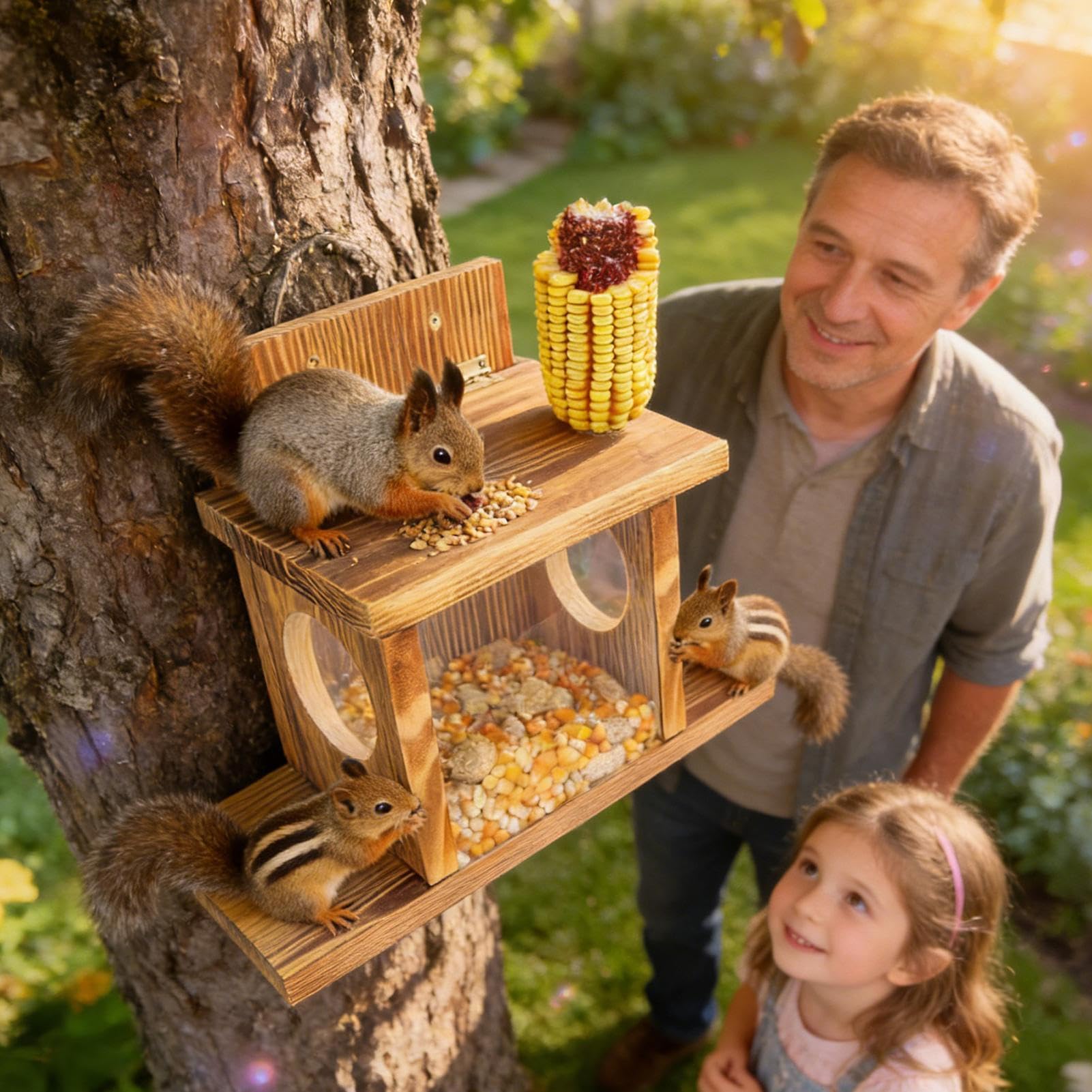 Mangiatoia per scoiattoli in legno per esterni, per esterni, invernale, divertente, rifugio da picnic per scoiattoli, resistente alle intemperie, resistente, per nocciole, giardino, cortile