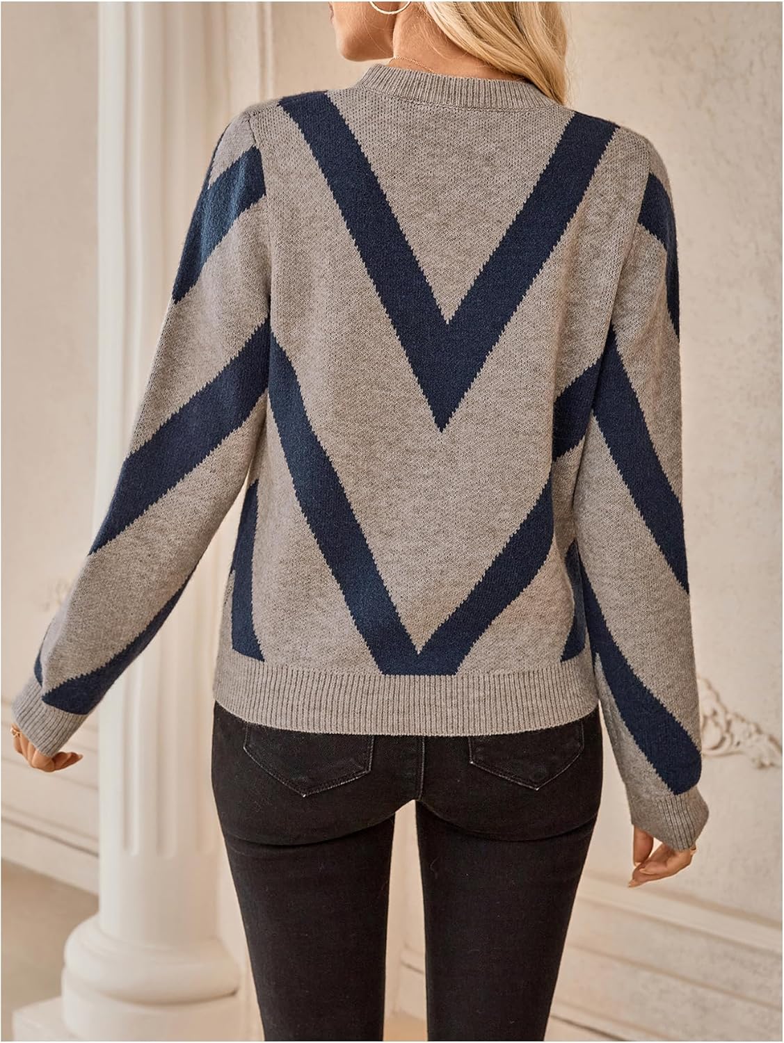 SweatyRocks Women's Chevron Print Long Sleeve Knitted Crewneck Sweater Casual Pullover Top - Image 2