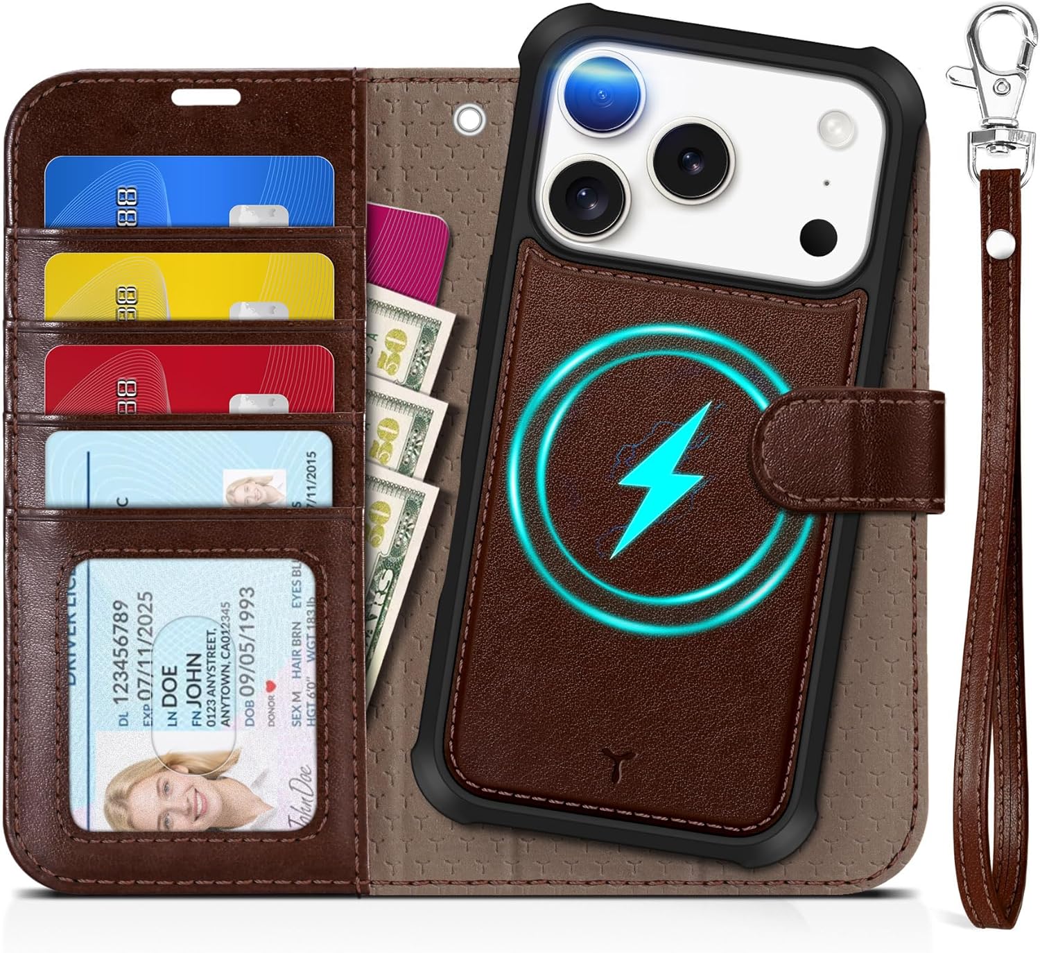 TUCCH 2-in-1 Detachable Wallet Case for iPhone 17 Pro (6.3-inch) 2025, Wireless Charging | RFID Blocking 4 Card Holders | Wrist Strap | Kickstand | Magnetic | PU Leather Folio Cover | Chocolate Brown for iPhone 17 Pro Chocolate Brown