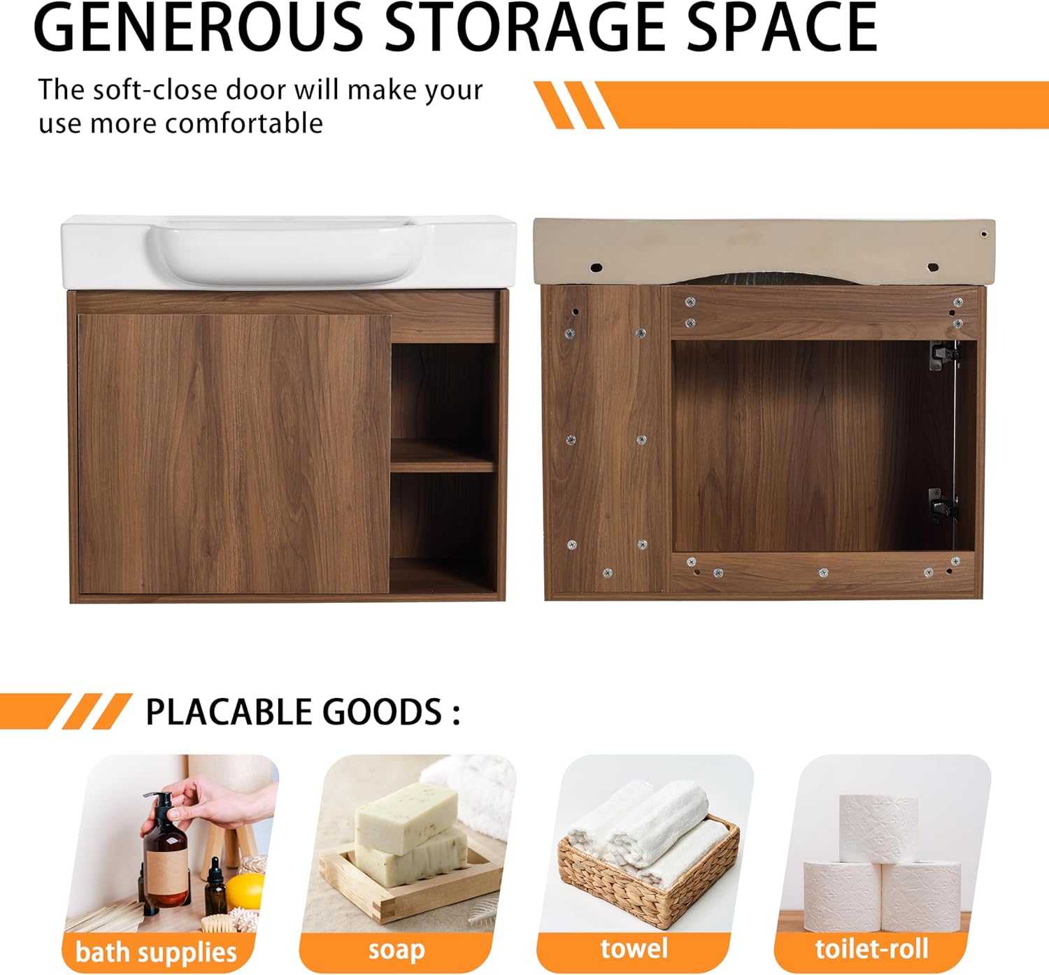 28" Wall-Mounted Bathroom Vanity with Ceramic Sink, 28 Inch Floating Single Sink Vanity Cabinet Modern Brown 1-Door Design with Storage Shelf (Space-Saving for Small Bathrooms)