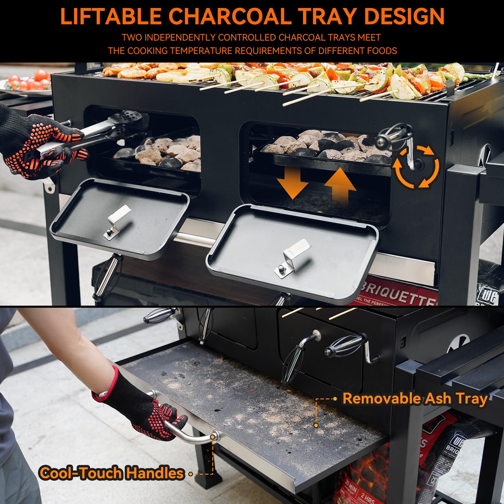 Onlyfire BBQ grill na węgiel drzewny, duży grill na węgiel drzewny z pokrywką, kółkami, ruszt do grillowania ze stali nierdzewnej, płyty osłonowe, regulowana szuflada na węgiel drzewny, wózek na