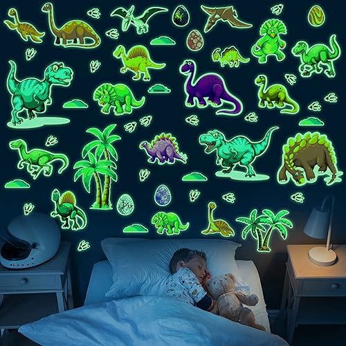 110 calcomanías de pared de dinosaurios que brillan en la oscuridad, extraíbles, coloridas calcomanías de pared de dinosaurios para guardería, sala