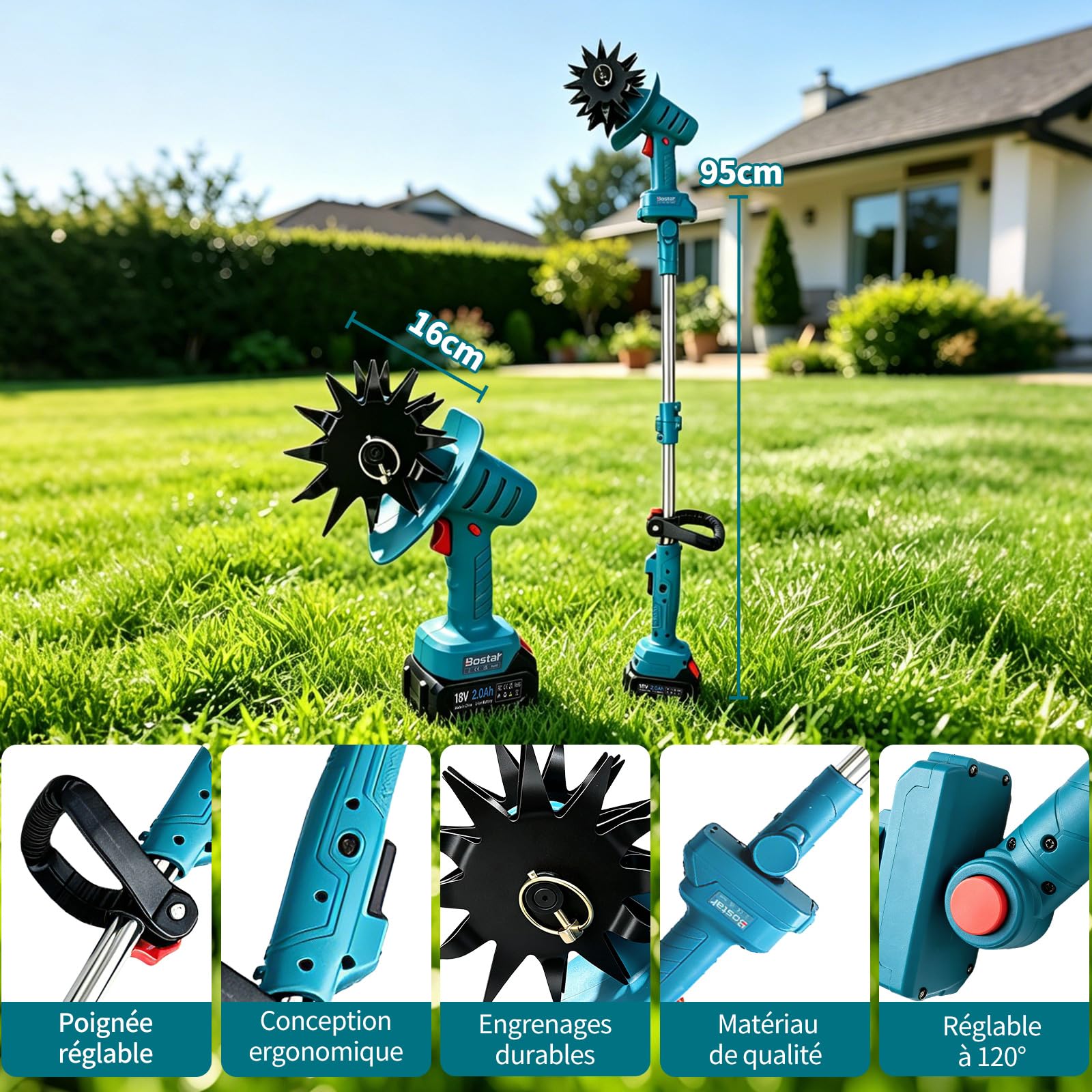 Bostar Motobineuse Électrique, Compatible avec Makita 18V Batterie Motocultor sans Fil, Bineuse Rotative 1,78kg avec Écran Numérique, 4 Lames Ø160mm, Profondeur 17cm, avec 2 Batteries 2000mAh