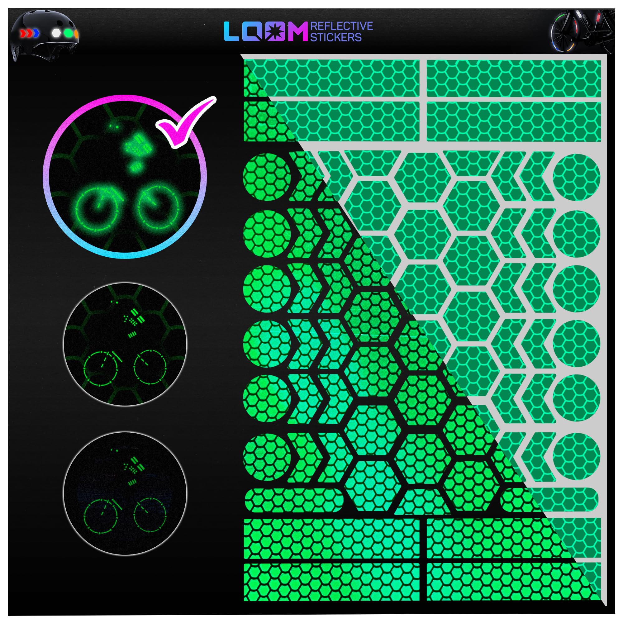 LOOM® Reflective Stickers for Bikes &amp; Helmets | 67pc Brilliant, Green