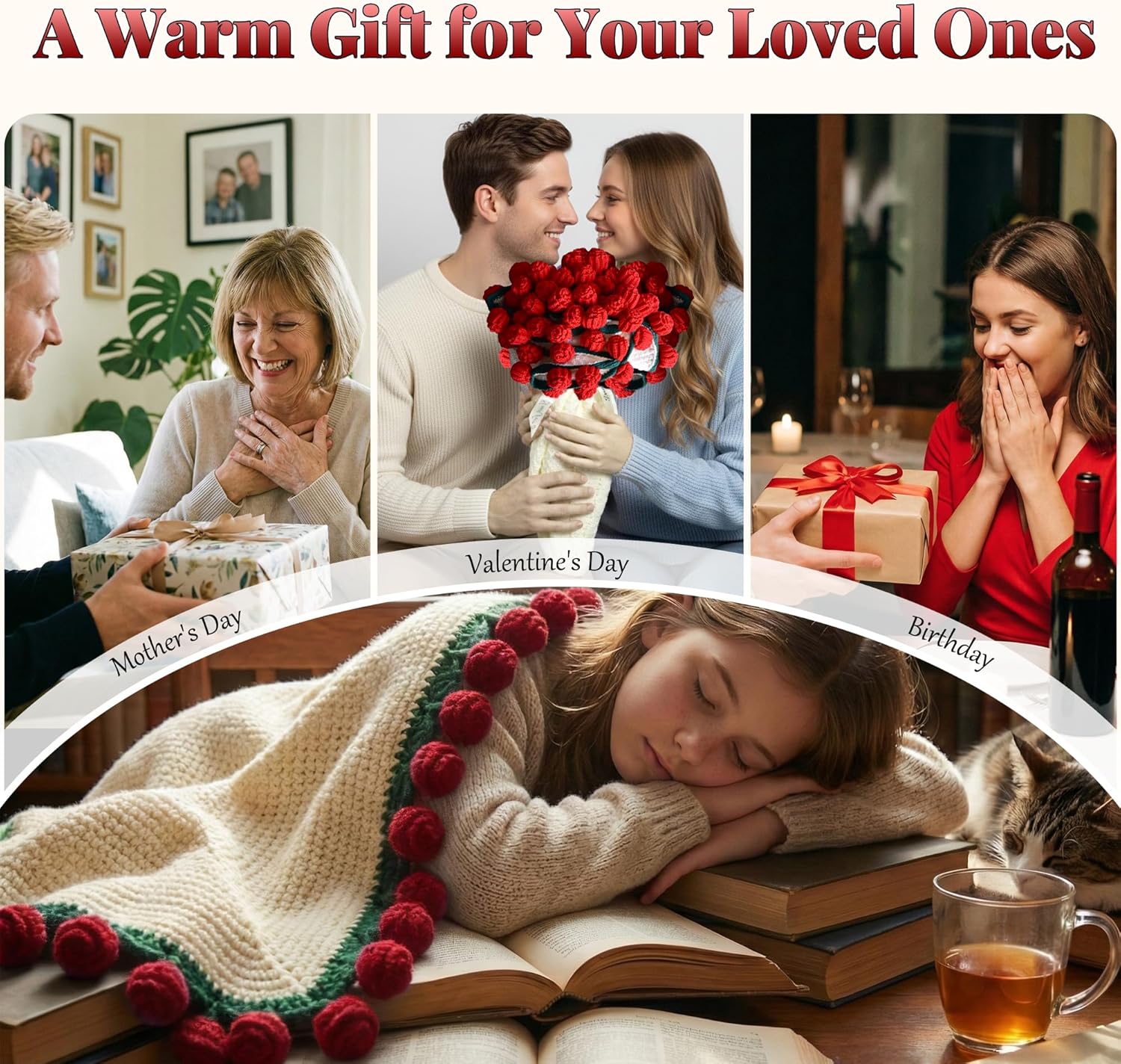 43 Inch Crochet Rose Flower Bouquet Blanket, Birthday Gifts for Women Girlfriend Mom Wife Kids, Romantic Gift Ideas for Anniversary, Valentines Day, Christmas (Red Rose) - Image 9