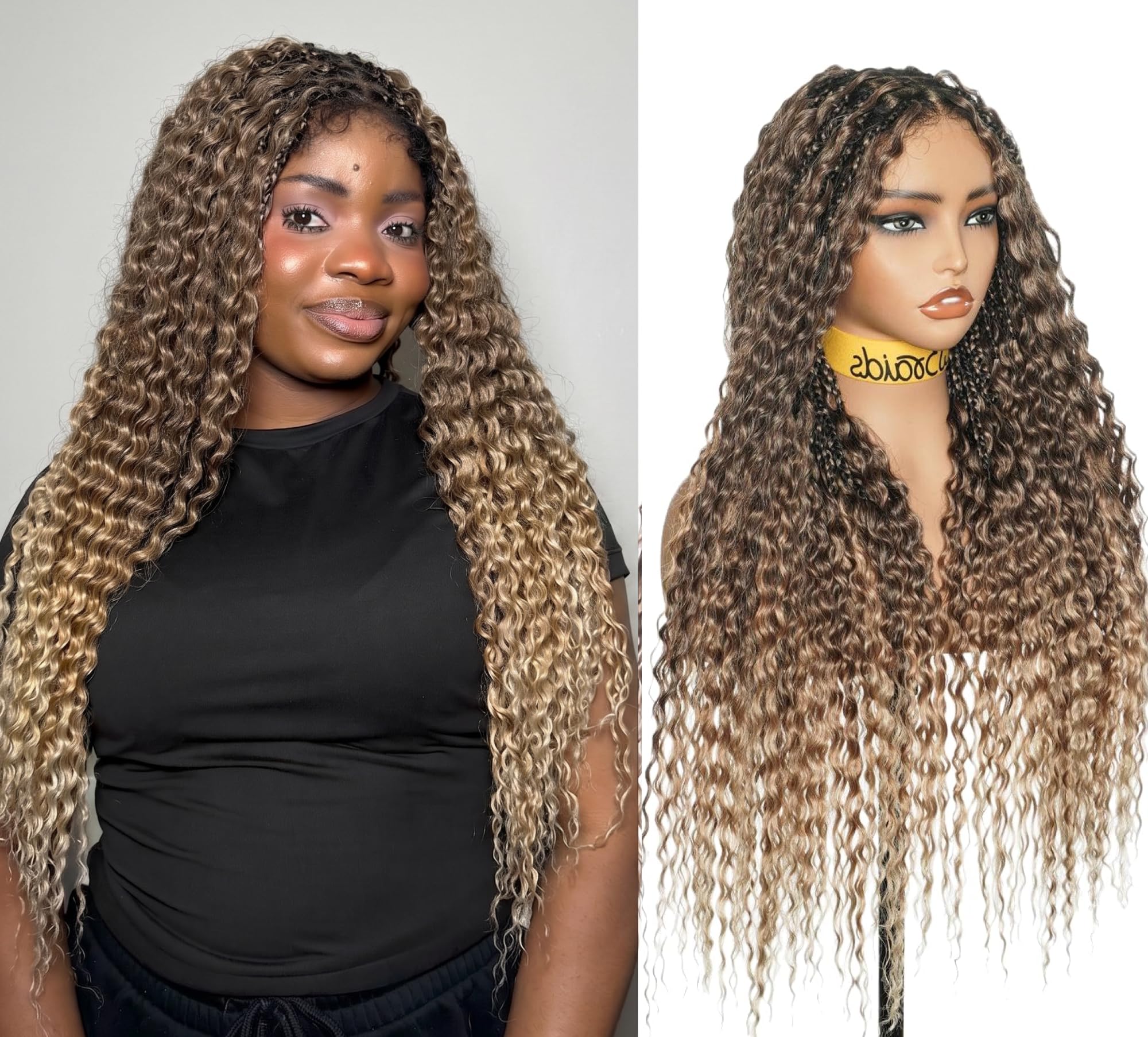 26'' Glueless Knotless Boho Box Braided Wigs - Hand-Tied Frontal, Swiss HD Lace, Blend Brown Deep Wave Curls, 79 Strands Synthetic Braids, Invisible Drawstring