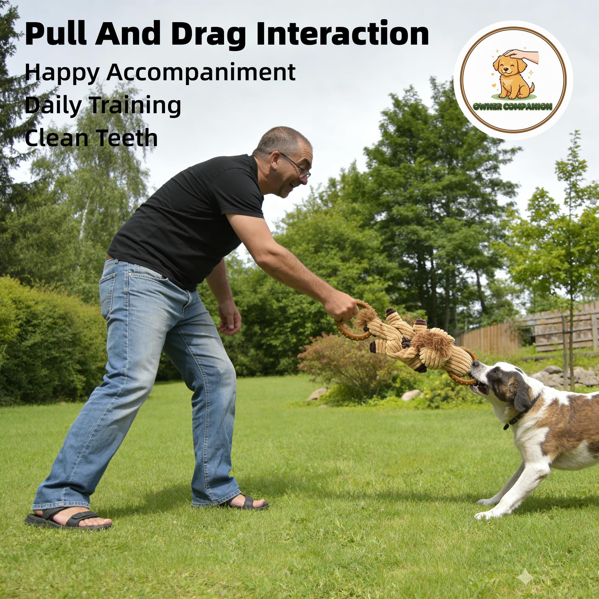Kordsamt Kauspielzeug für Hunde mit Quietscher und interaktivem Gummiring für kleine, mittelgroße und große Rassen, ideal zum Tauziehen und Apportieren (Medium, Nashorn)