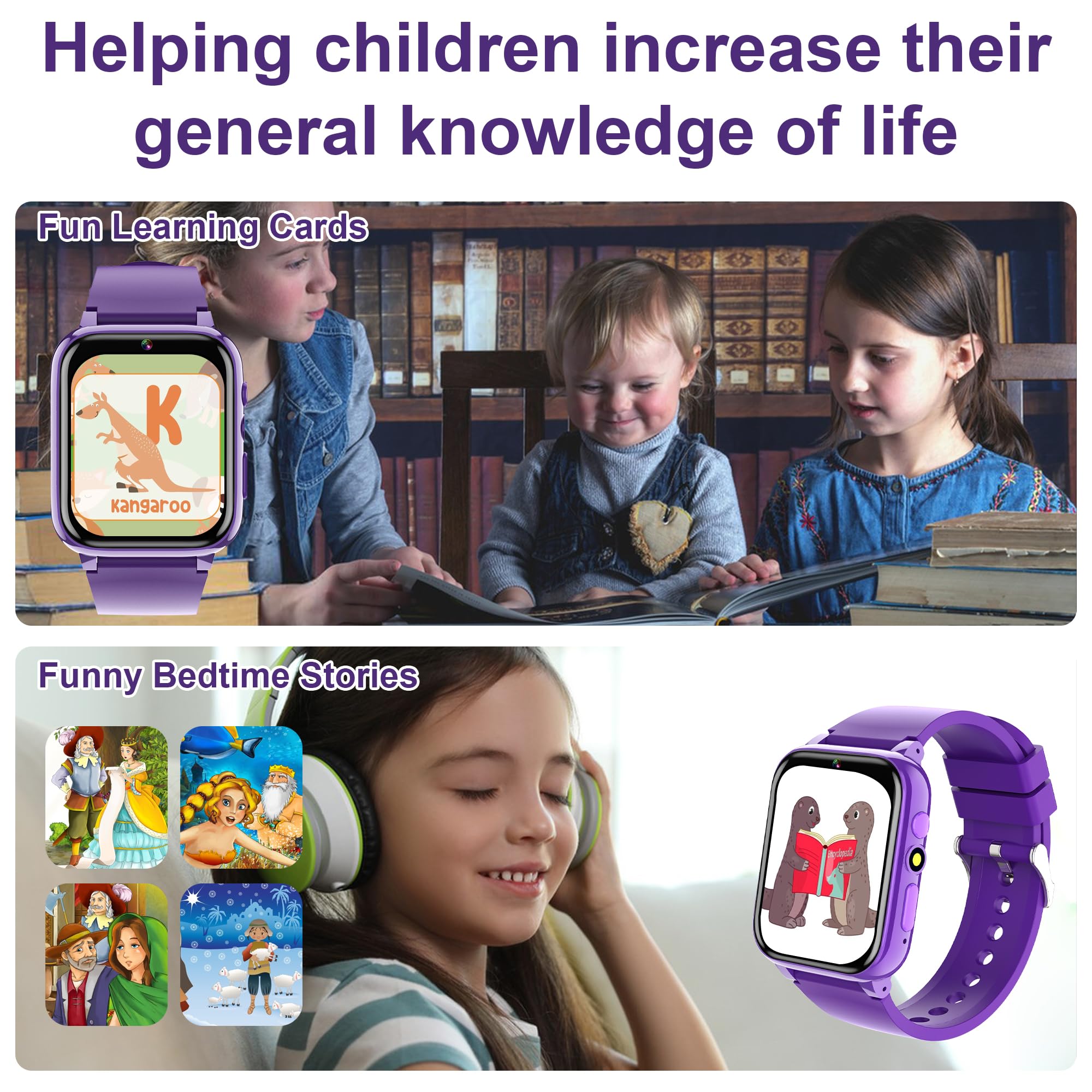 Moikmlih Smartwatch Bambini con Chiamate, 26 Giochi, Orologio Telefon per Ragazzi di 4-12 Anni, Telecamera, Musica, Modalità Scolastica, Smartwatch Giocattolo Grande Regalo per Bambina (Viola)