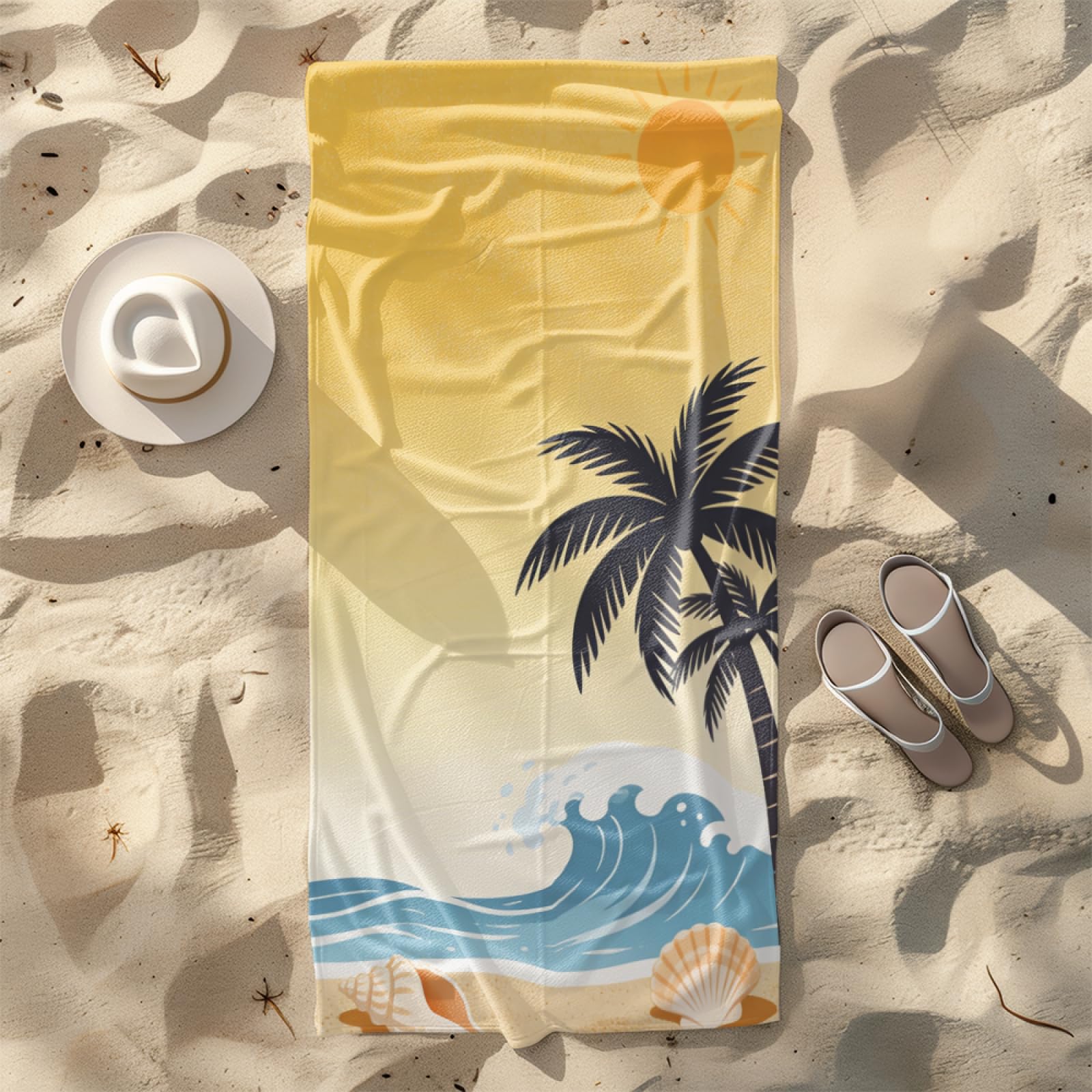 Fouta PlageJaune Ciel Soleil Arbre De Coco Modèle Surdimensionné avec Diverses Tailles, Respirante et Portable, Parfaite pour Voyages Sorties Piscine et Usage Extérieur Quotidien 90x160 cm