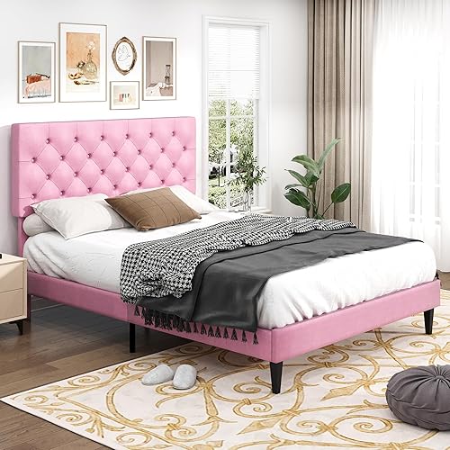 Miniatura 3 de Base de cama de tamaño matrimonial con cabecero, cama de plataforma tapizada con cabecera capitonada con botones ajustables, marco de cama de tela