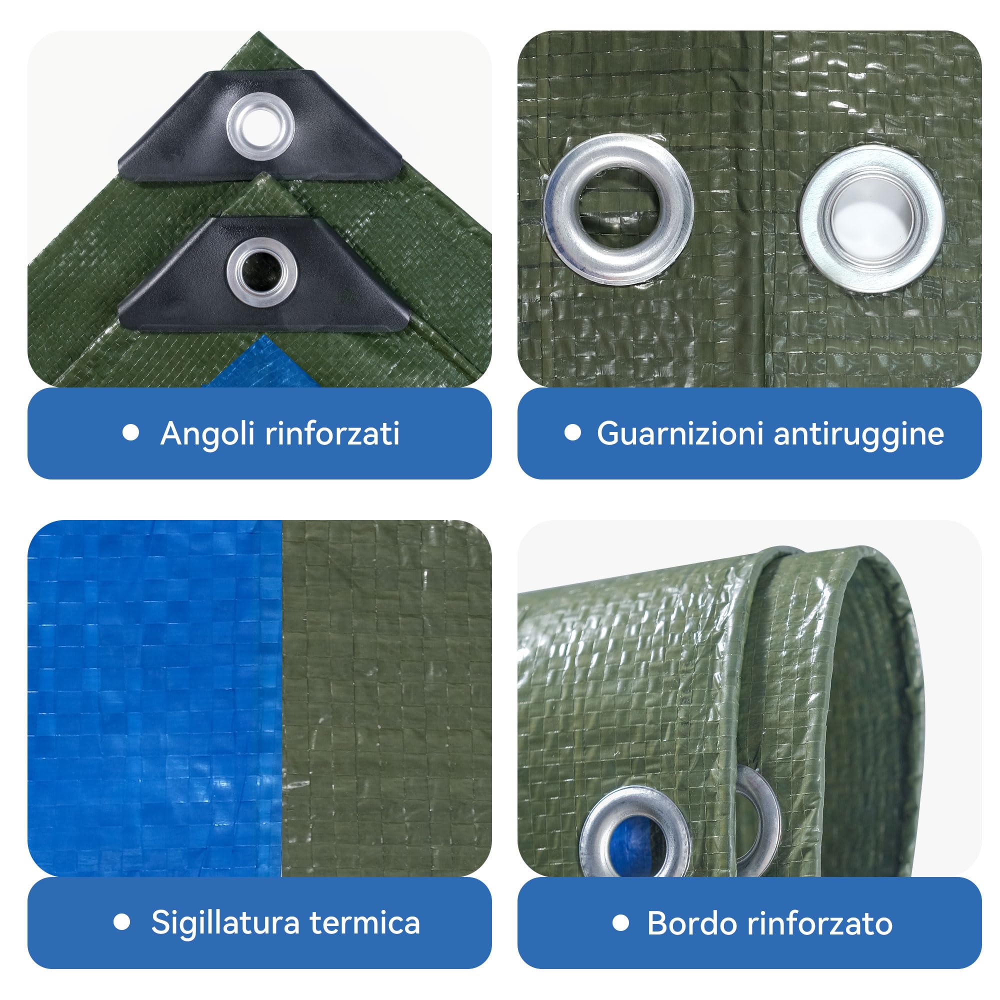 Telone blu 6x10m，75g/㎡ telo impermeabile esterno verde/blu,di plastica multifunzione anti-strappo UV con foro occhio coperchio,adatta per campeggio,giardino,legno,Copertina per furgone