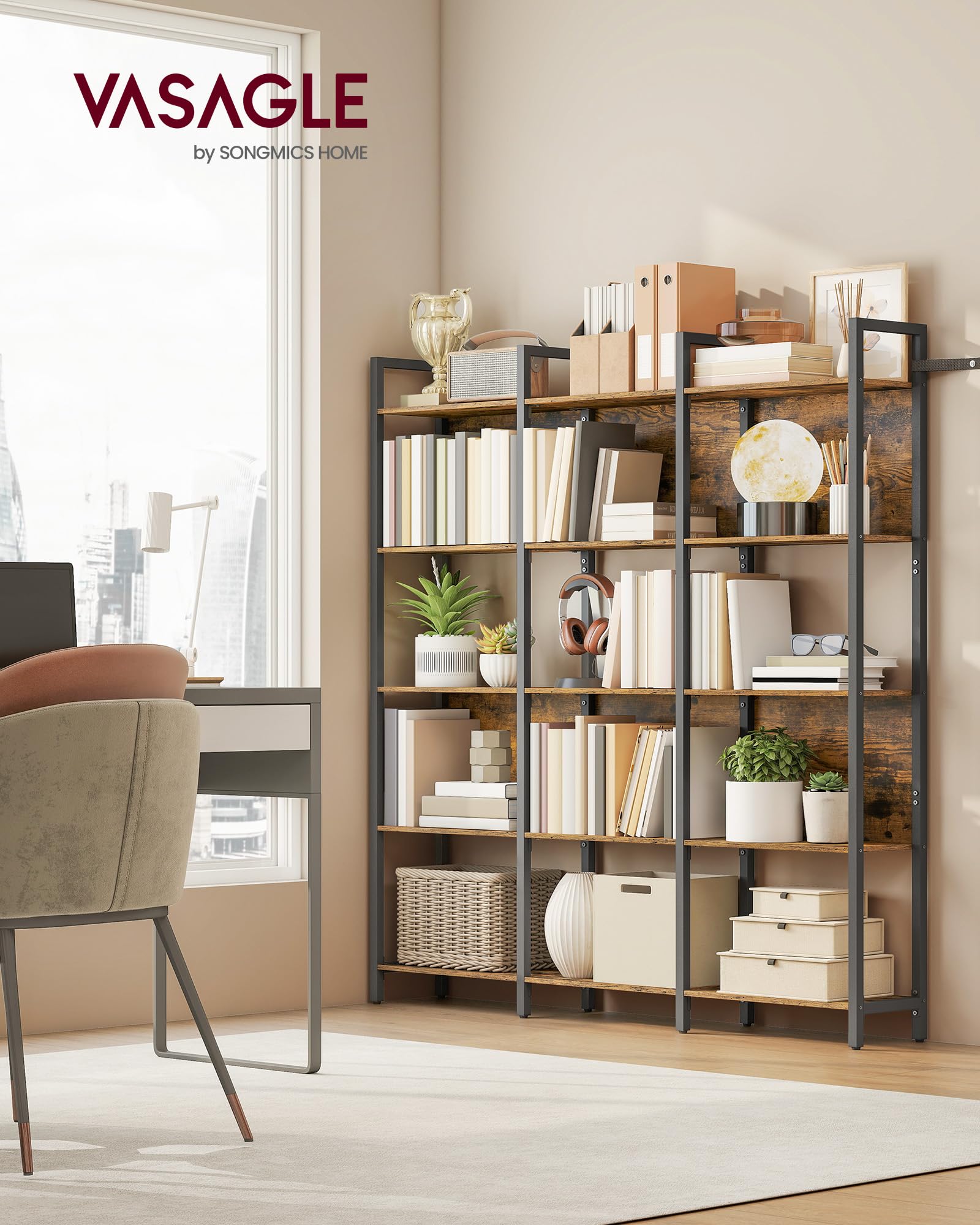 VASAGLE Librería, Estantería de 5 Niveles, Muble de Cocina, Organizador de Estilo Industrial, para Oficina, Salón, Dormitorio, 24 x 128 x 154,1 cm, Marrón Rústico y Negro Tinta LLS150K01