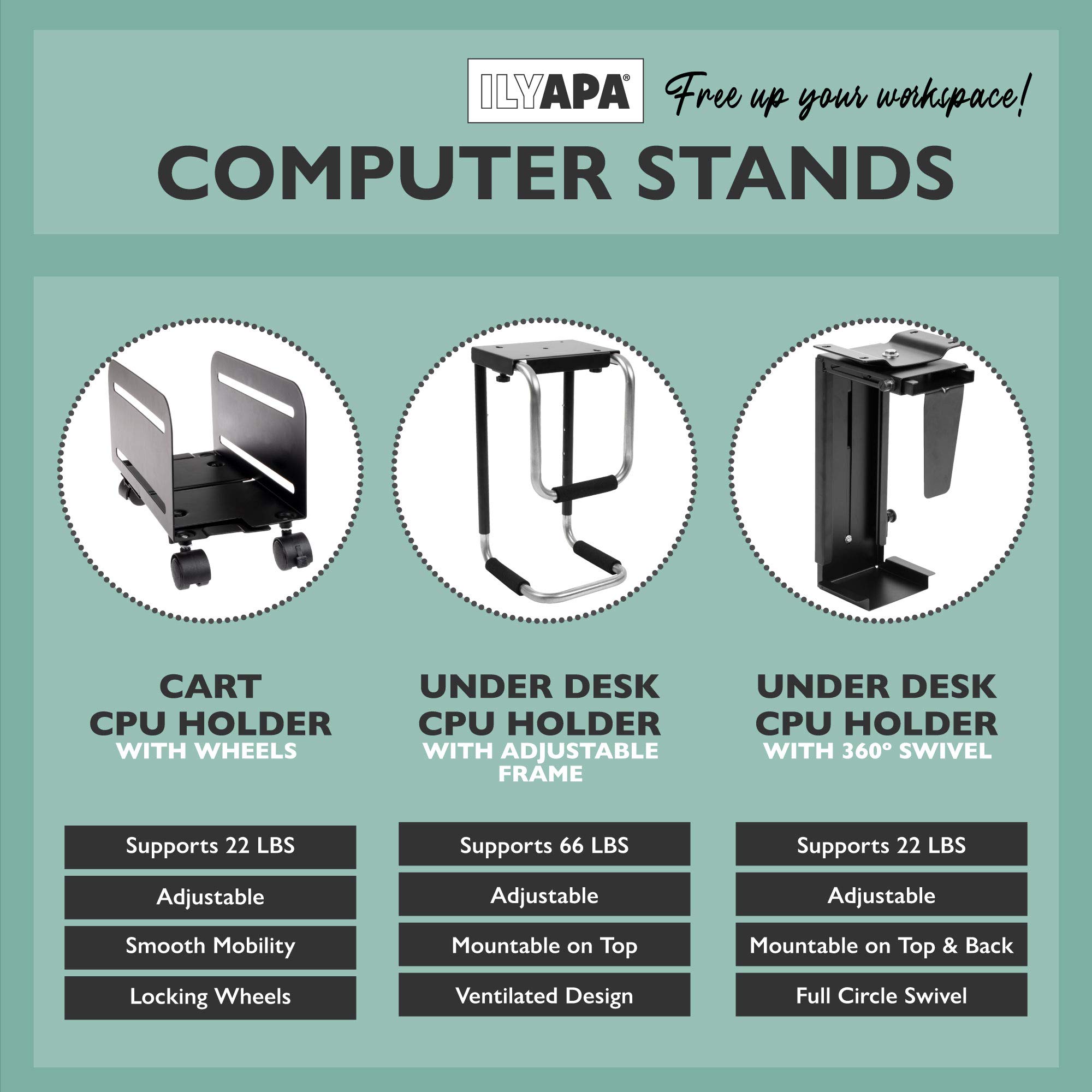 Soporte para computadora debajo del escritorio con giro de 360 grados, soporte para CPU para torre de escritorio de PC 7