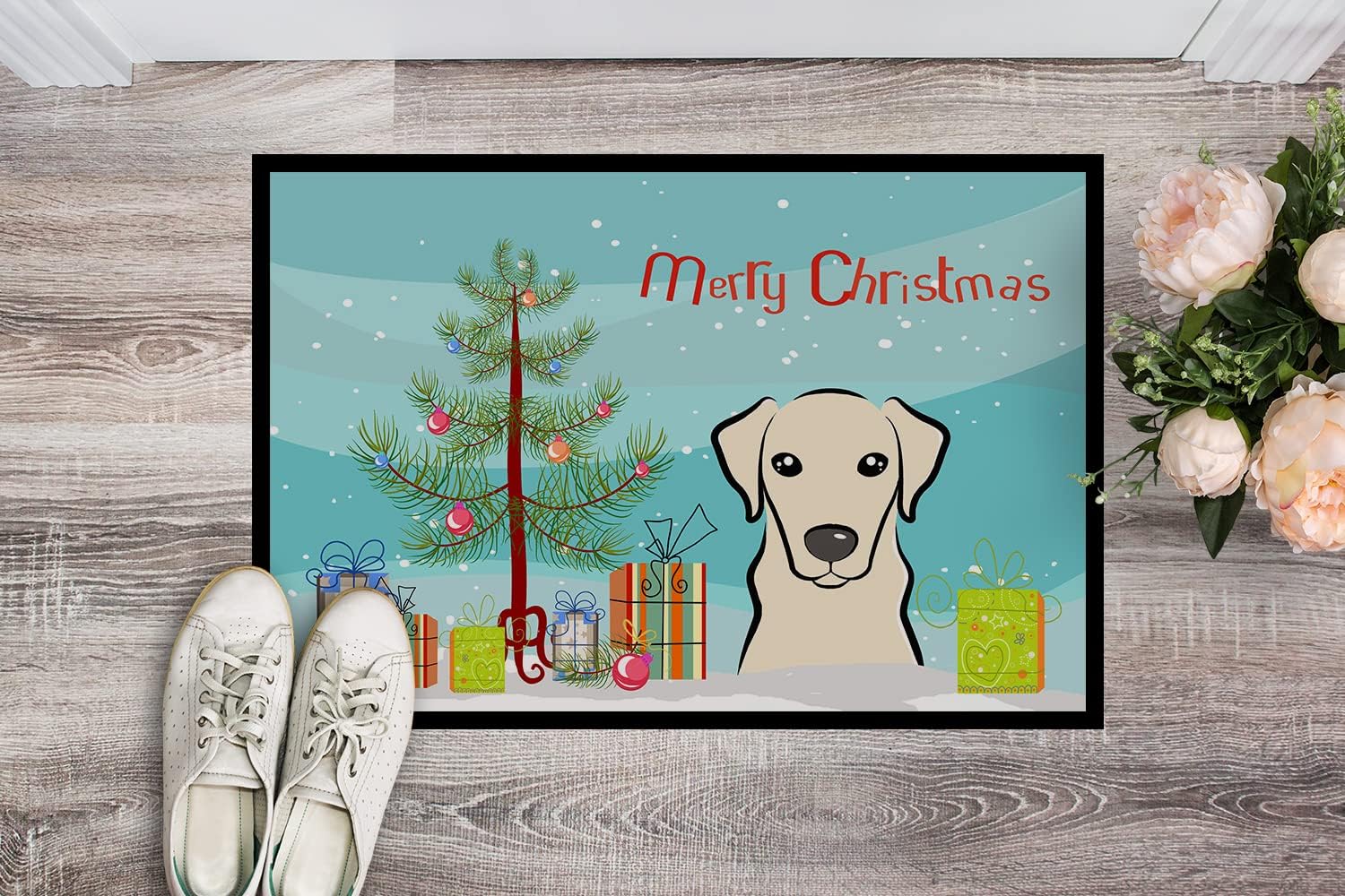 Caroline's Treasures BB1594JMAT Christmas Tree and Yellow Labrador Doormat 24x36 Front Door Mat Indoor Outdoor Rugs for Entryway, Non Slip Washable Low Pile, 24H X 36W