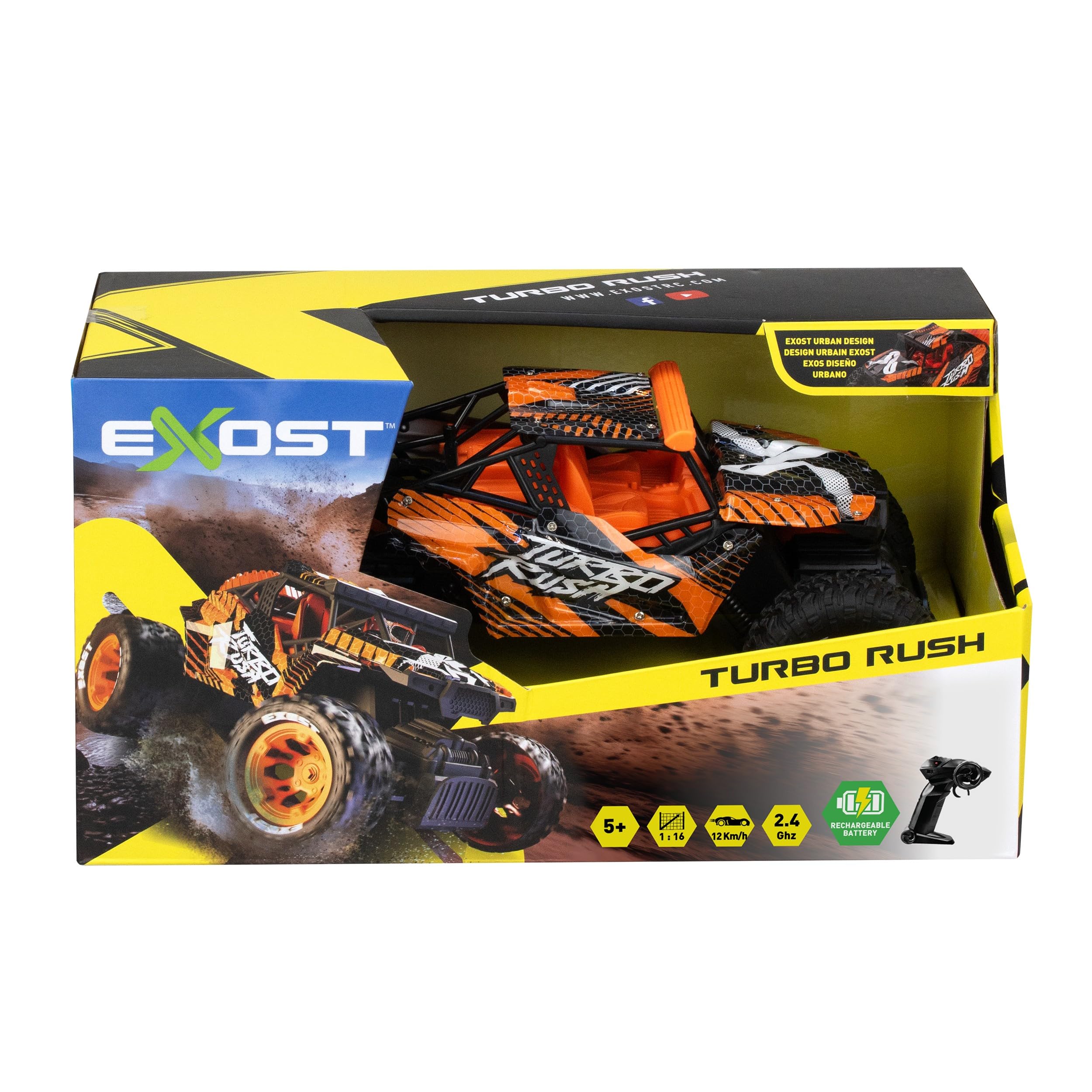 Exost Turbo Rush - Coche de control remoto de 2,4 GHz, función completa, carreras todoterreno, neumáticos duraderos, batería recargable, juguete para niños a partir de 5 años