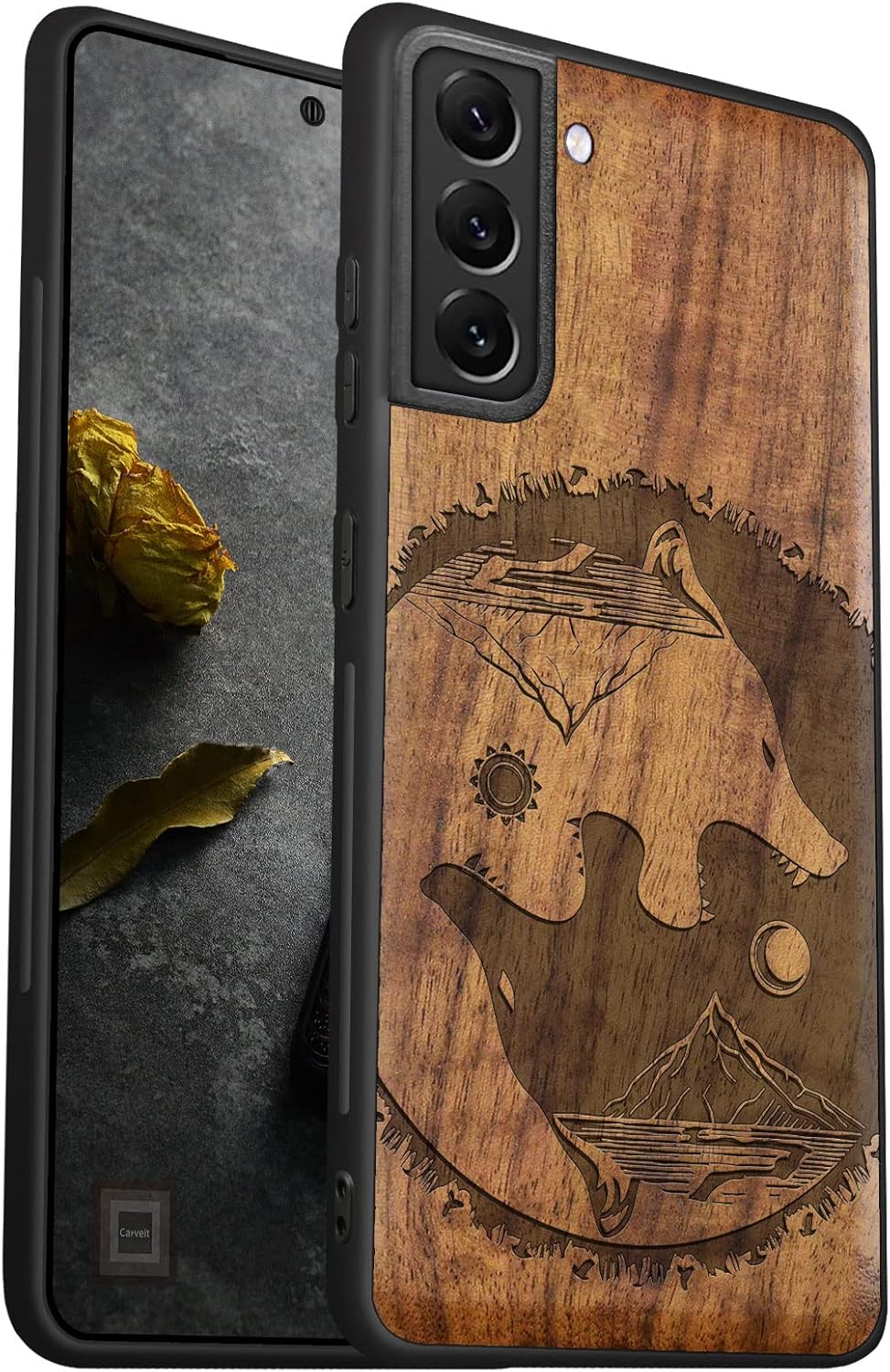 Carveit Wood Case for Galaxy S22 Ultra Case [Natural Wood & Black Soft TPU] Shockproof Protective Cover Unique Wooden Design Compatible with Samsung S22 Ultra (Yin Yang-Wolf-Tai Chi-Walnut)