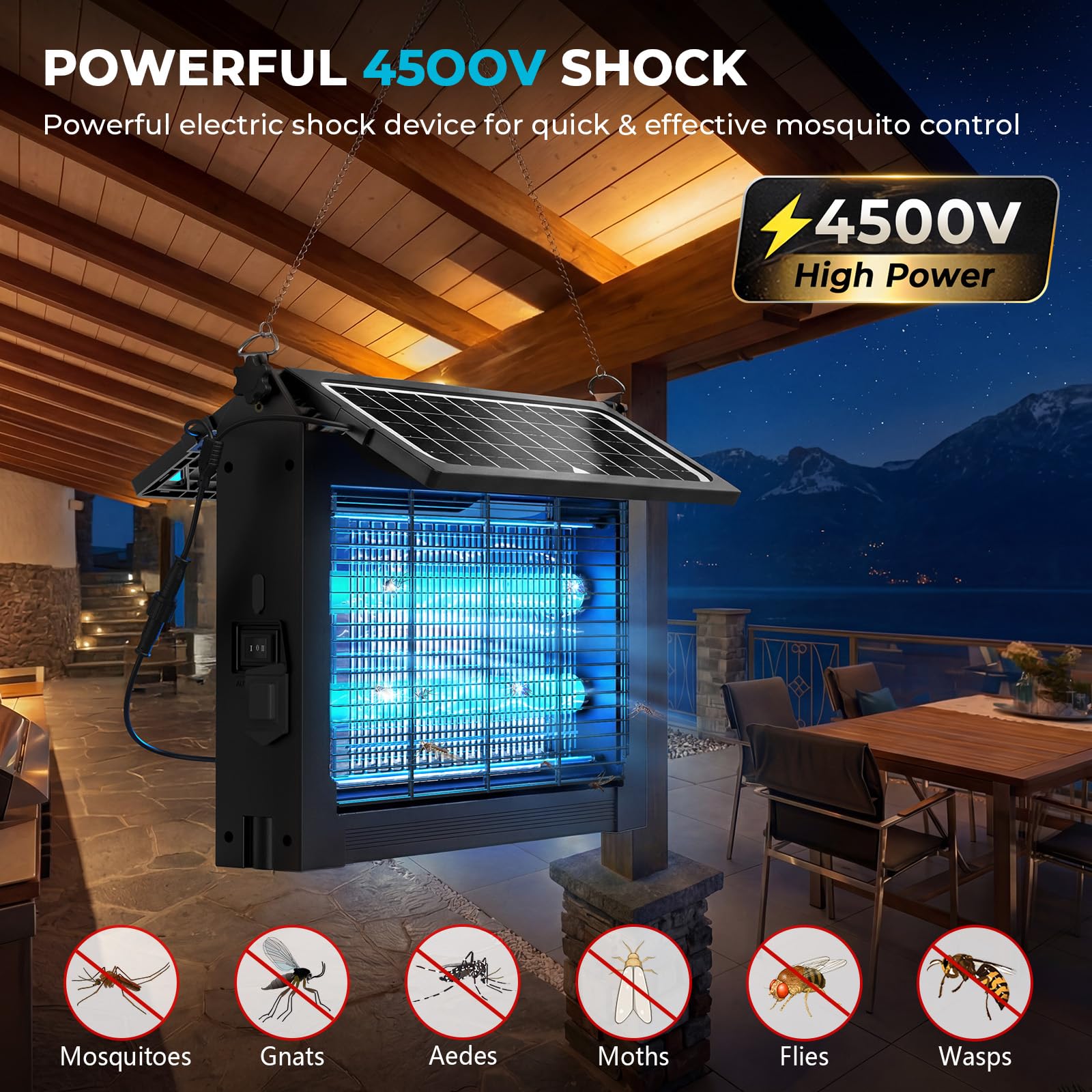 Eliminador de insectos solar mejorado para exteriores con paneles duales, 4500 V, inalámbrico, recargable, matamoscas para moscas, impermeable, eléctrico, para patio, jardín, patio, caravana, camping