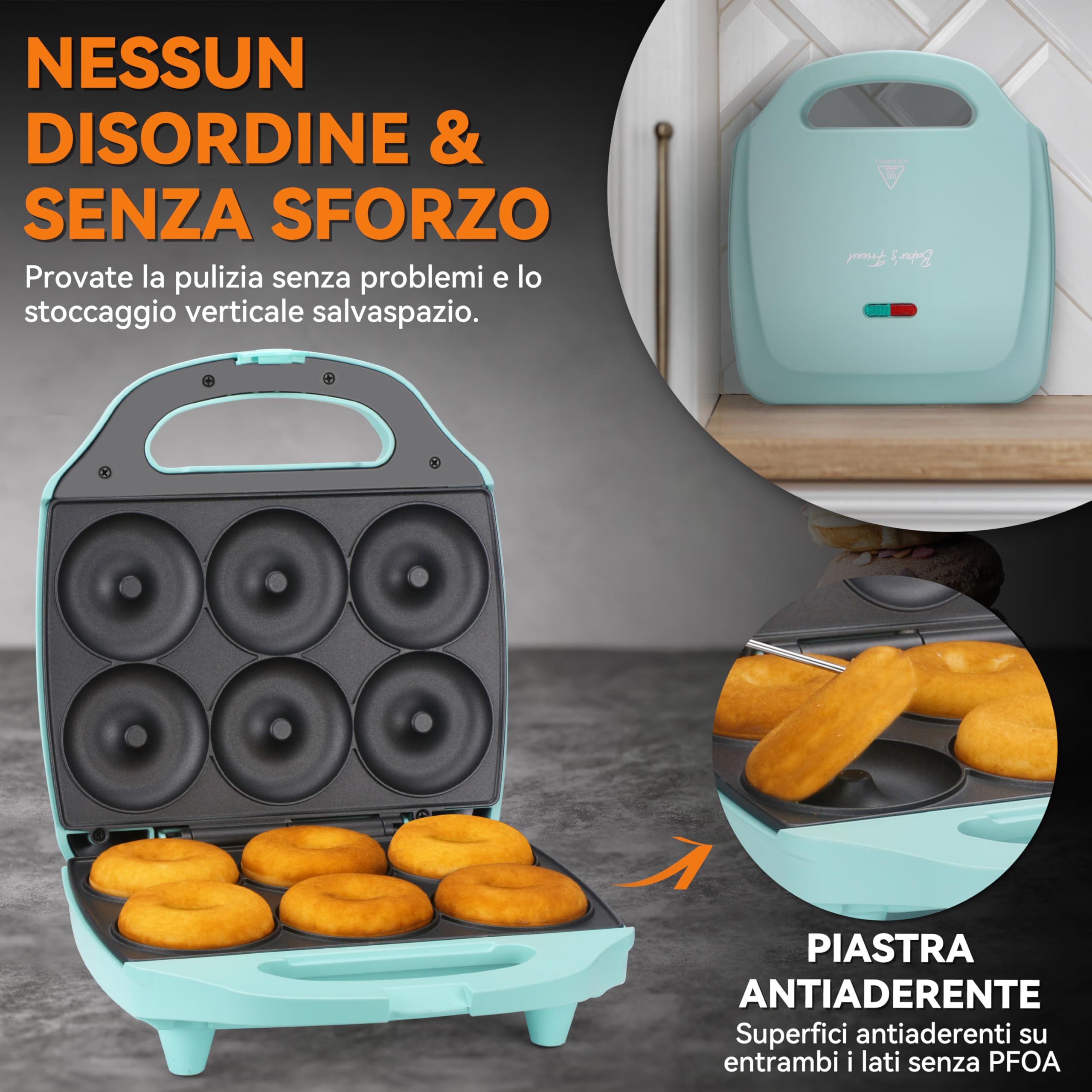 Baker’s Friend Macchina per ciambelle per la casa, macchina per fare mini dounts da 6 x 7.5 cm per, macchina per fare ciambelle, teglia per mini ciambelle, piastra per ciambelle, Aqua