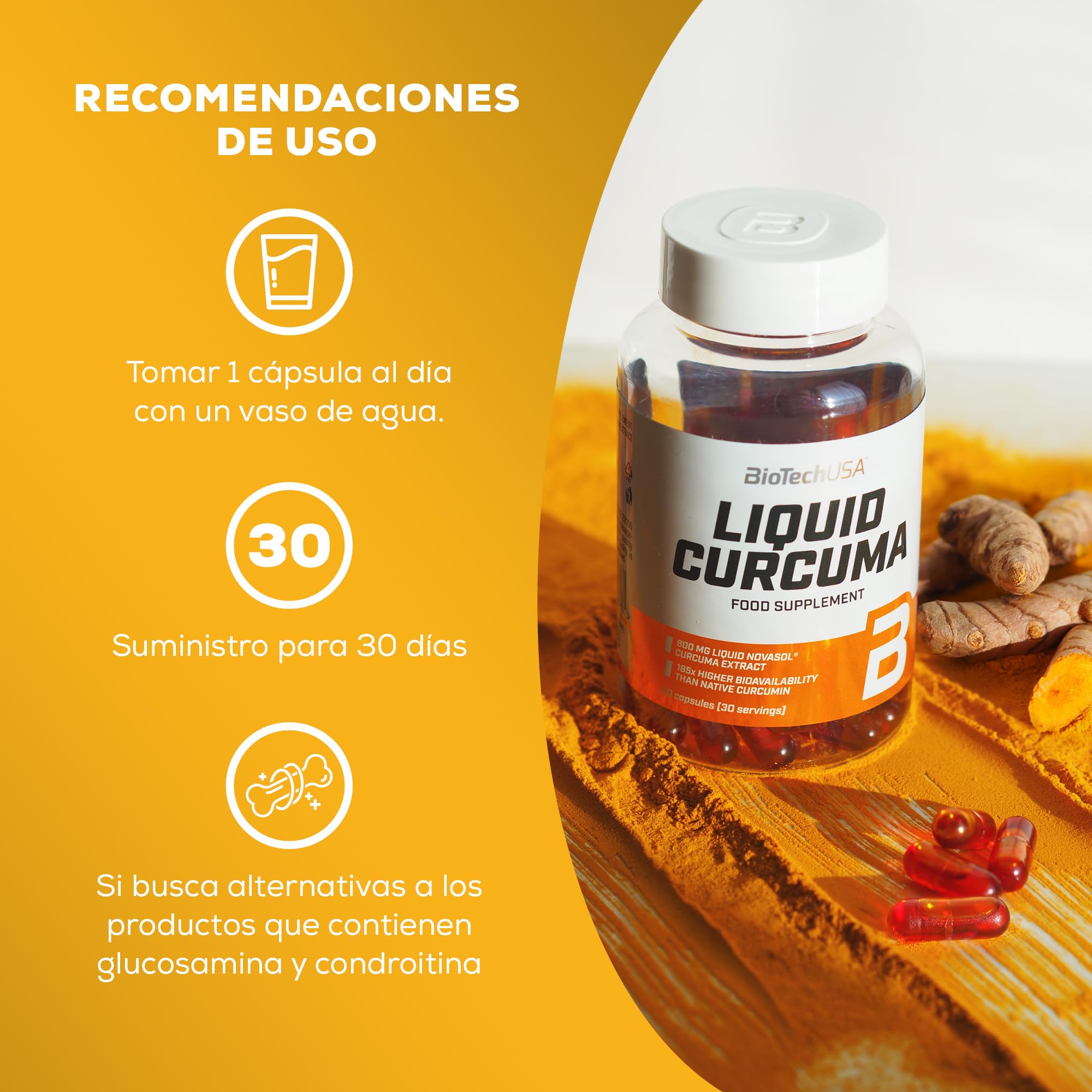 BioTechUSA Liquid Curcuma - Extracto líquido de curcumina de alta biodisponibilidad con vitamina D, 30 cápsulas