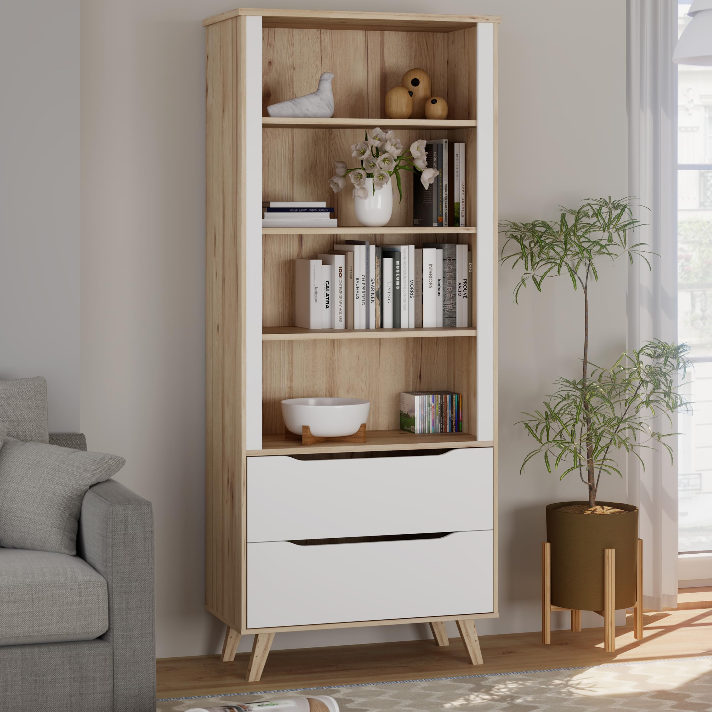Forte VANKKA Regal 85, Regal mit Kombination aus 3 Einlegböden und 2 Schubladen, Holzwerkstoff, Planked Eiche Dekor/Weiß, 84,7 cm breit, 201,5 cm hoch, 42 cm tief