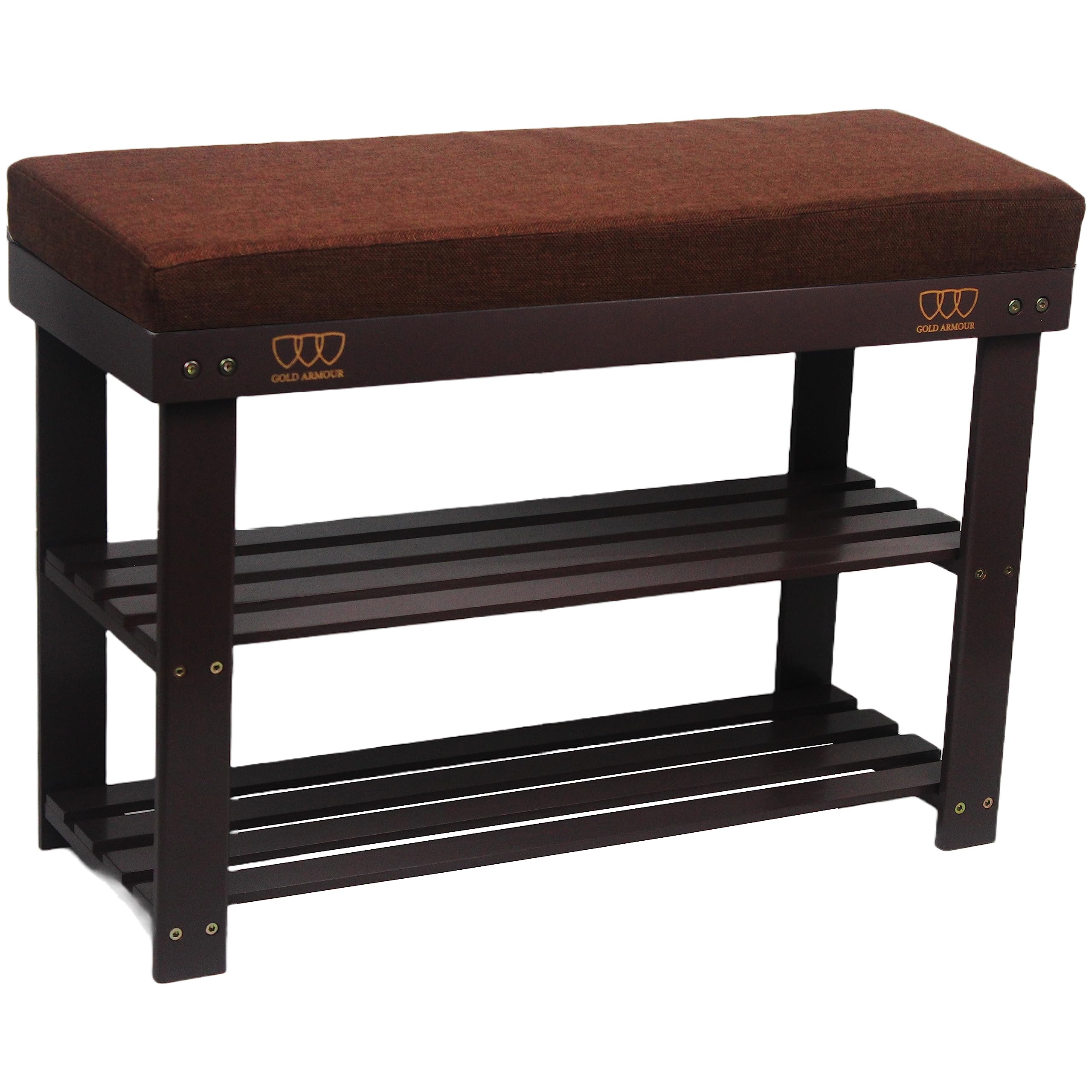 Photo 1 of **MINOR DAMAGE**
Gold Armour Shoe Rack Bench, 3-Tier Premium Bamboo Shoe Shelf Organizer or Entryway Bench, Perfect for Shoe Cubby, Entry Bench, Bathroom Bench, Entryway Organizer (Brown with Brown Cushion)