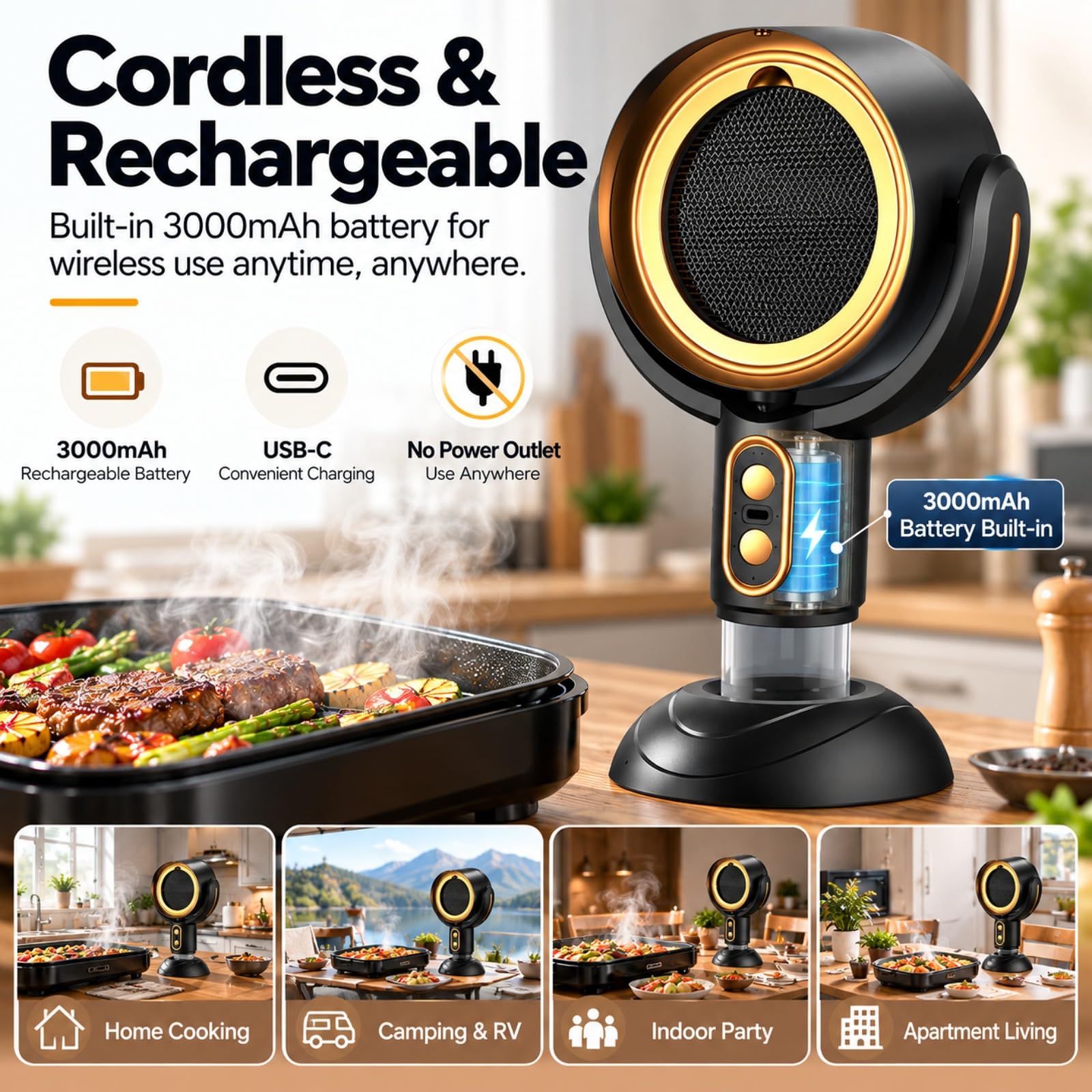 Hotte Aspirante Portable Sans Fil 3000 mAh avec Ions Négatifs, 2 Vitesses, Filtre Lavable, Recyclage d'Air, pour Cuisine, Camping-Car, Camping, BBQ, Fondue