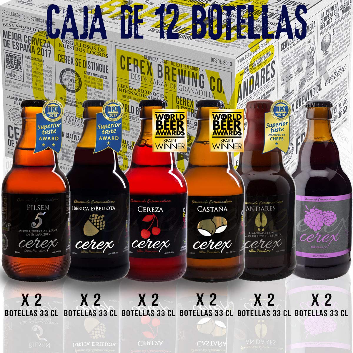CEREX - Pack 12 cervezas artesanales Cerex 33 cl. - 2 Pilsen, 2 Ibérica de Bellota, 2 Castaña, 2 Cereza, 2 Andares, 2 Frambuesa - Mejor Cerveza Artesanal de España Premios"World Beer Awards 2017"