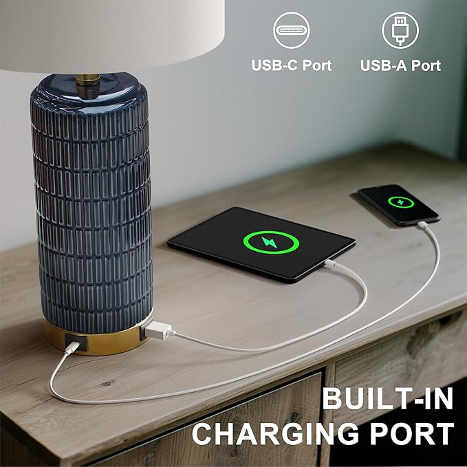 Lámpara de Mesa PoKat Táctil con USB, Azul Cerámica y Base Dorada miniatura 3